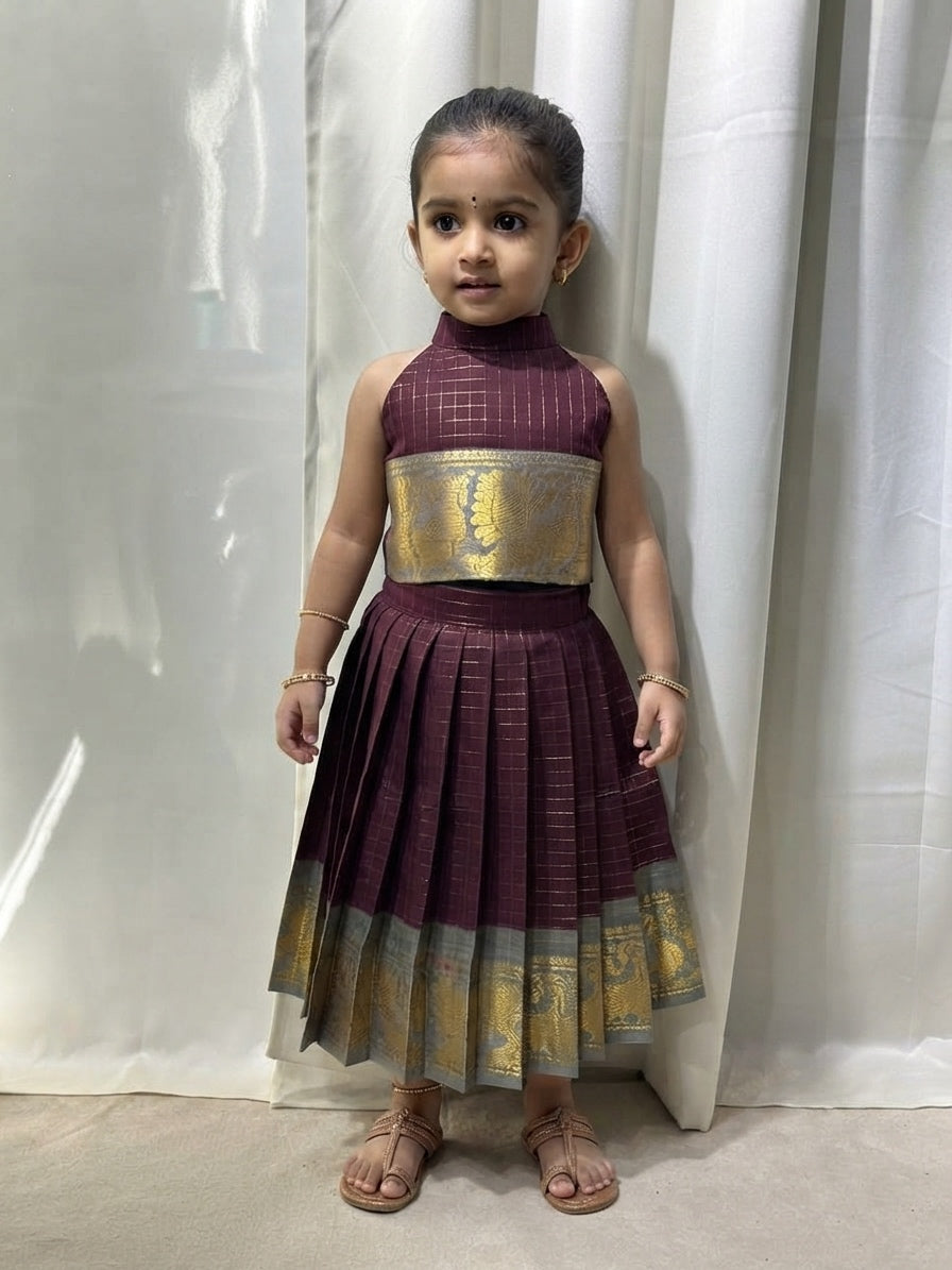 Maroon Grey Modern Sungudi cotton Kid Frock