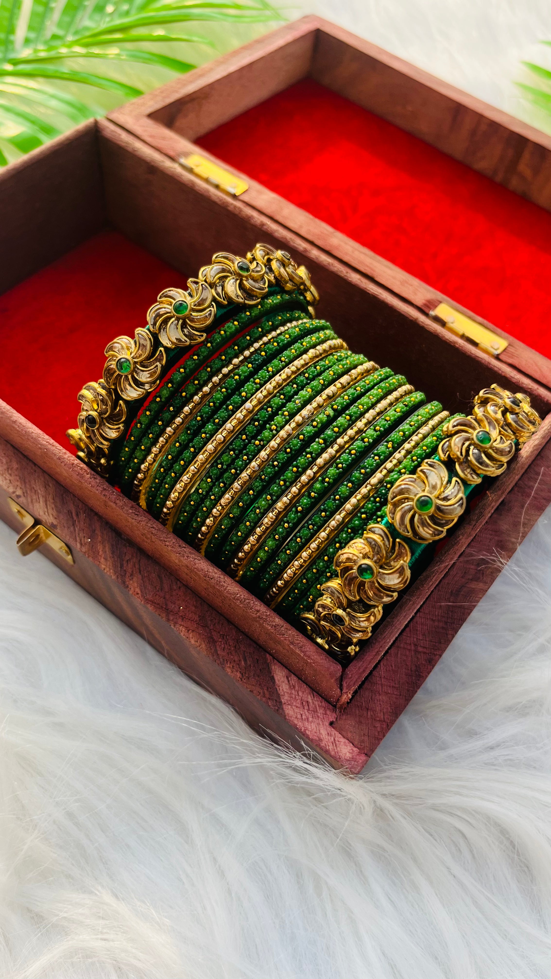 ANIKSHYA HANDMADE GREEN, GOLD GLASS BANGLE AND GREEN KUNDAN BANGLE VH035