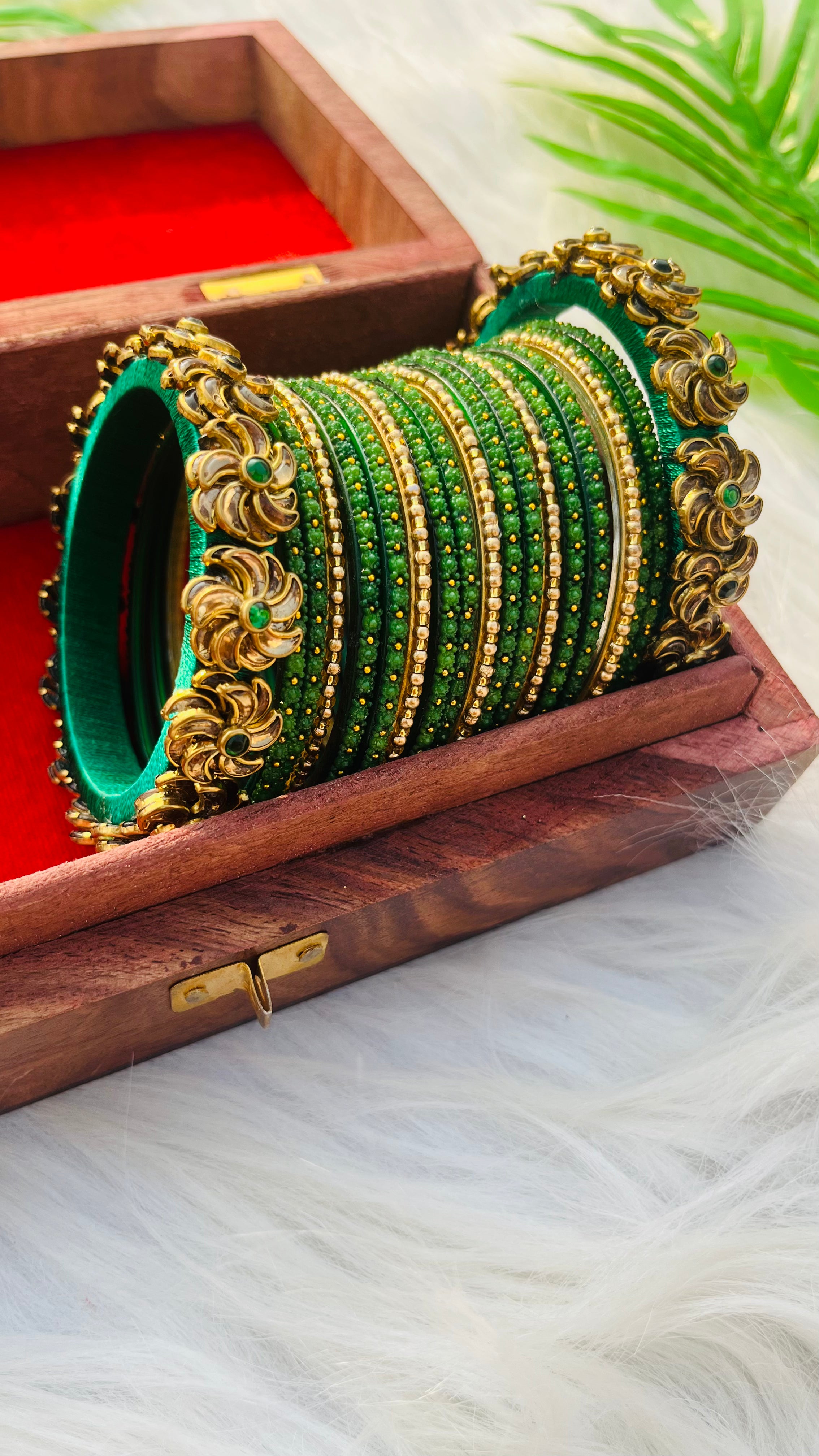 ANIKSHYA HANDMADE GREEN, GOLD GLASS BANGLE AND GREEN KUNDAN BANGLE VH035