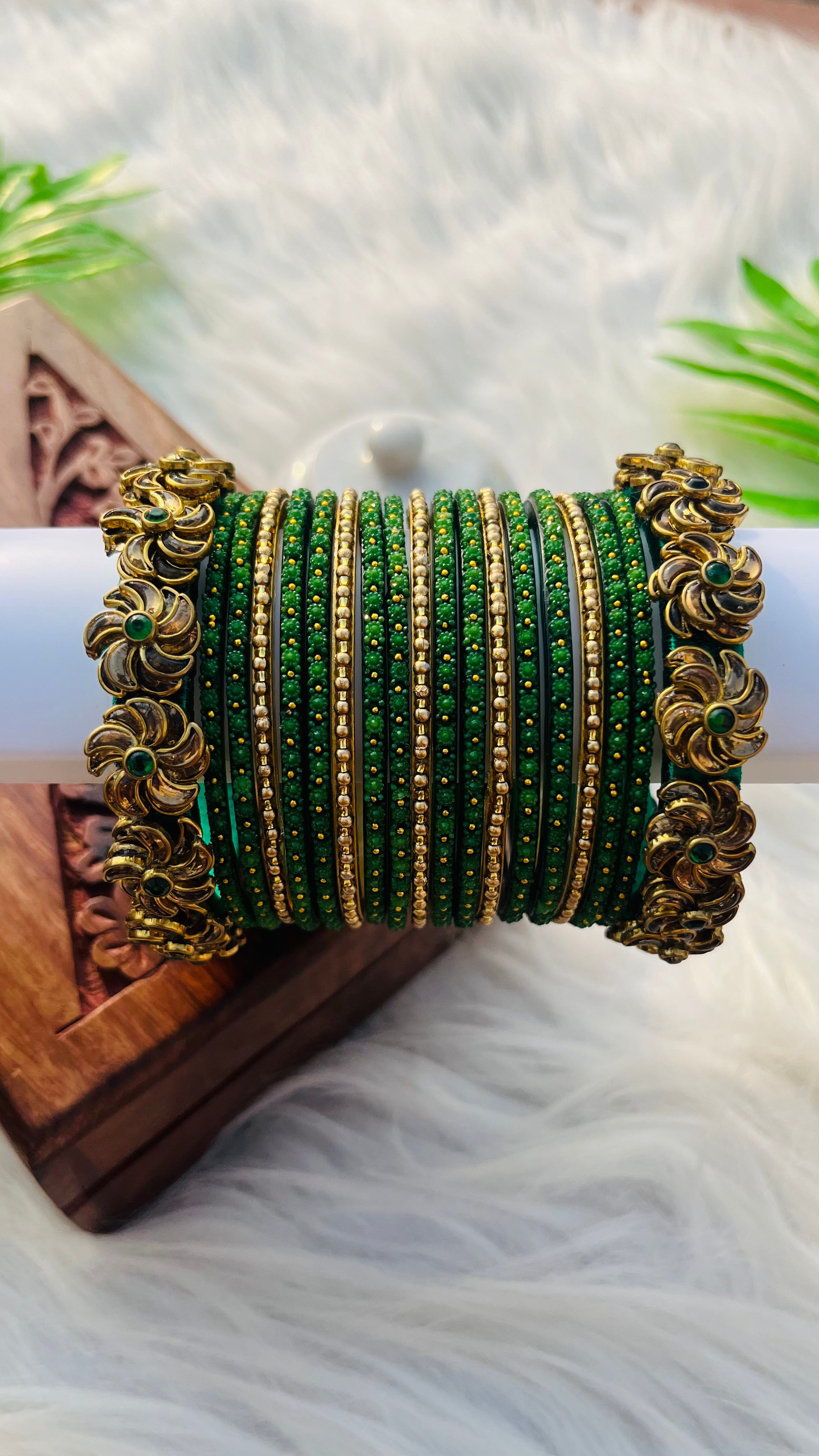 ANIKSHYA HANDMADE GREEN, GOLD GLASS BANGLE AND GREEN KUNDAN BANGLE VH035