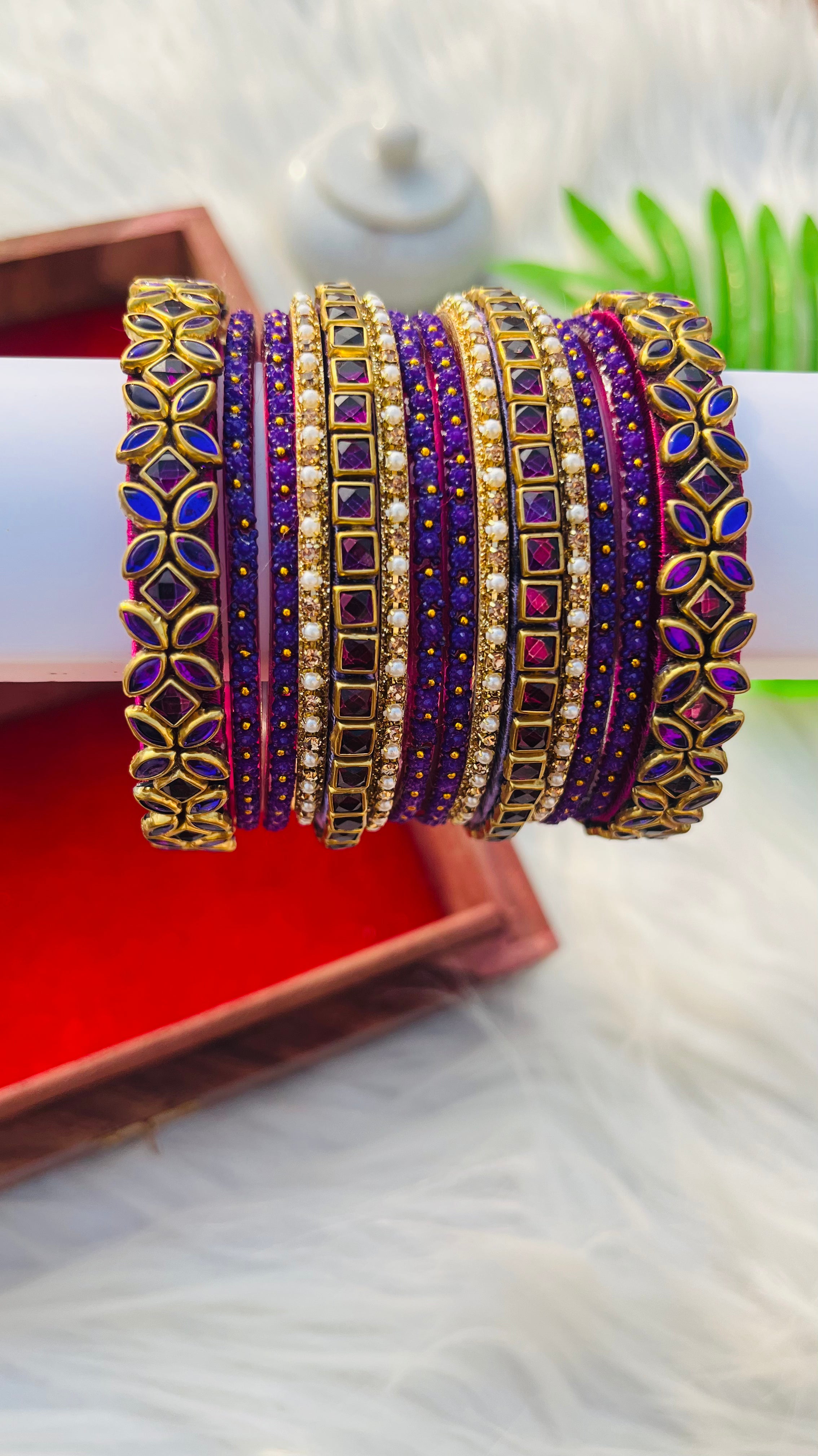 ANIKSHYA HANDMADE PURPLE KUNDAN AND PURPLE GLASS BANGLE GOLD WHITE PEARL BANGLE VH036