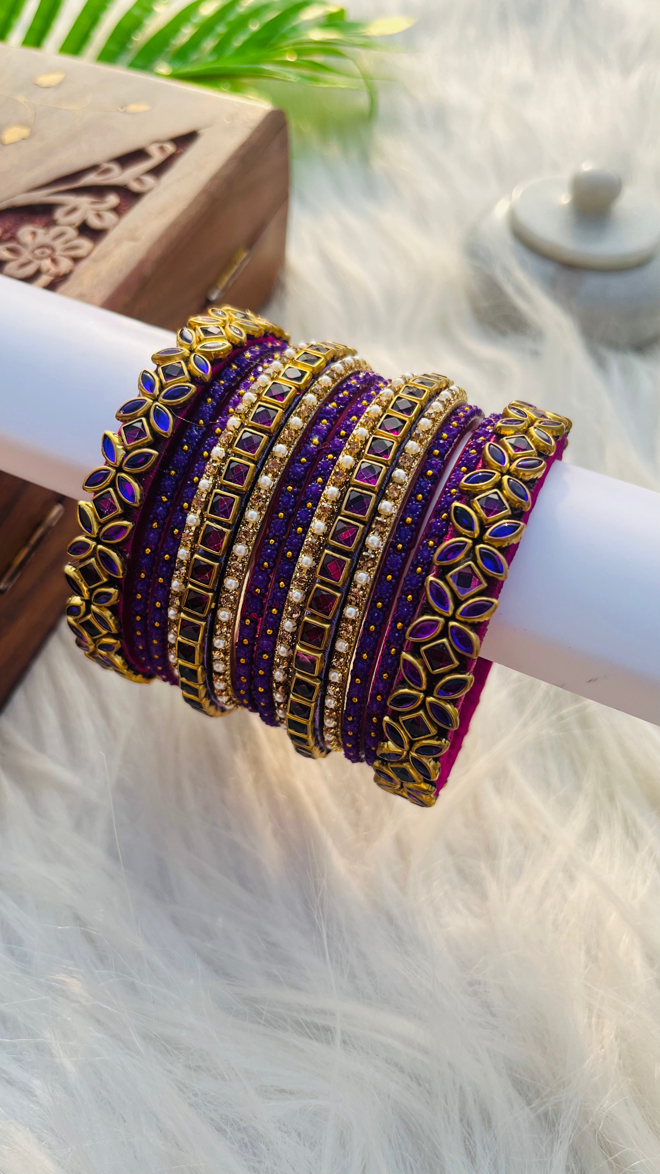 ANIKSHYA HANDMADE PURPLE KUNDAN AND PURPLE GLASS BANGLE GOLD WHITE PEARL BANGLE VH036