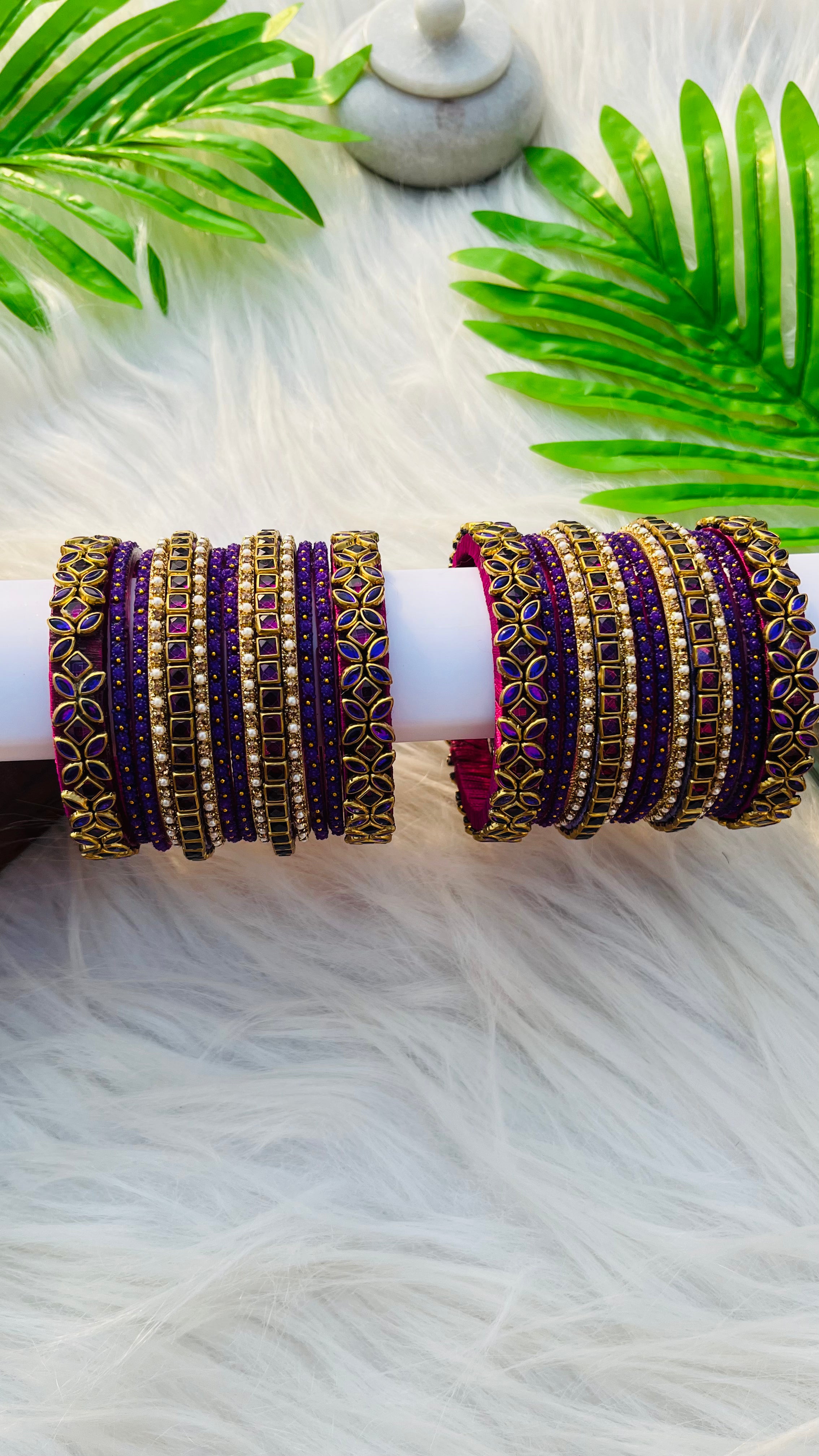 ANIKSHYA HANDMADE PURPLE KUNDAN AND PURPLE GLASS BANGLE GOLD WHITE PEARL BANGLE VH036