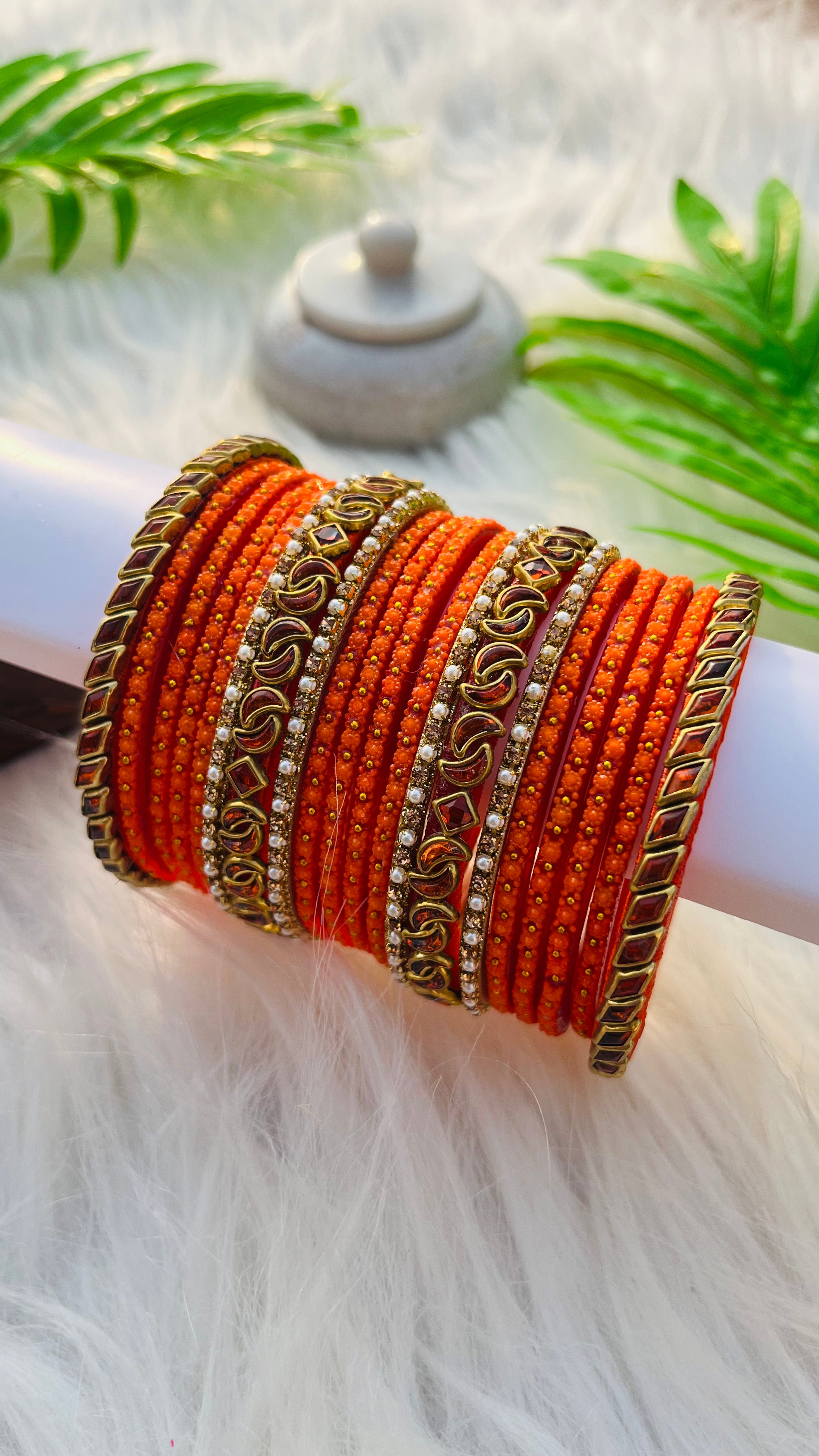 ANIKSHYA HANDMADE ORANGE KUNDAN AND ORANGE GLASS BANGLE GOLD WHITE PEARL BANGLE VH037