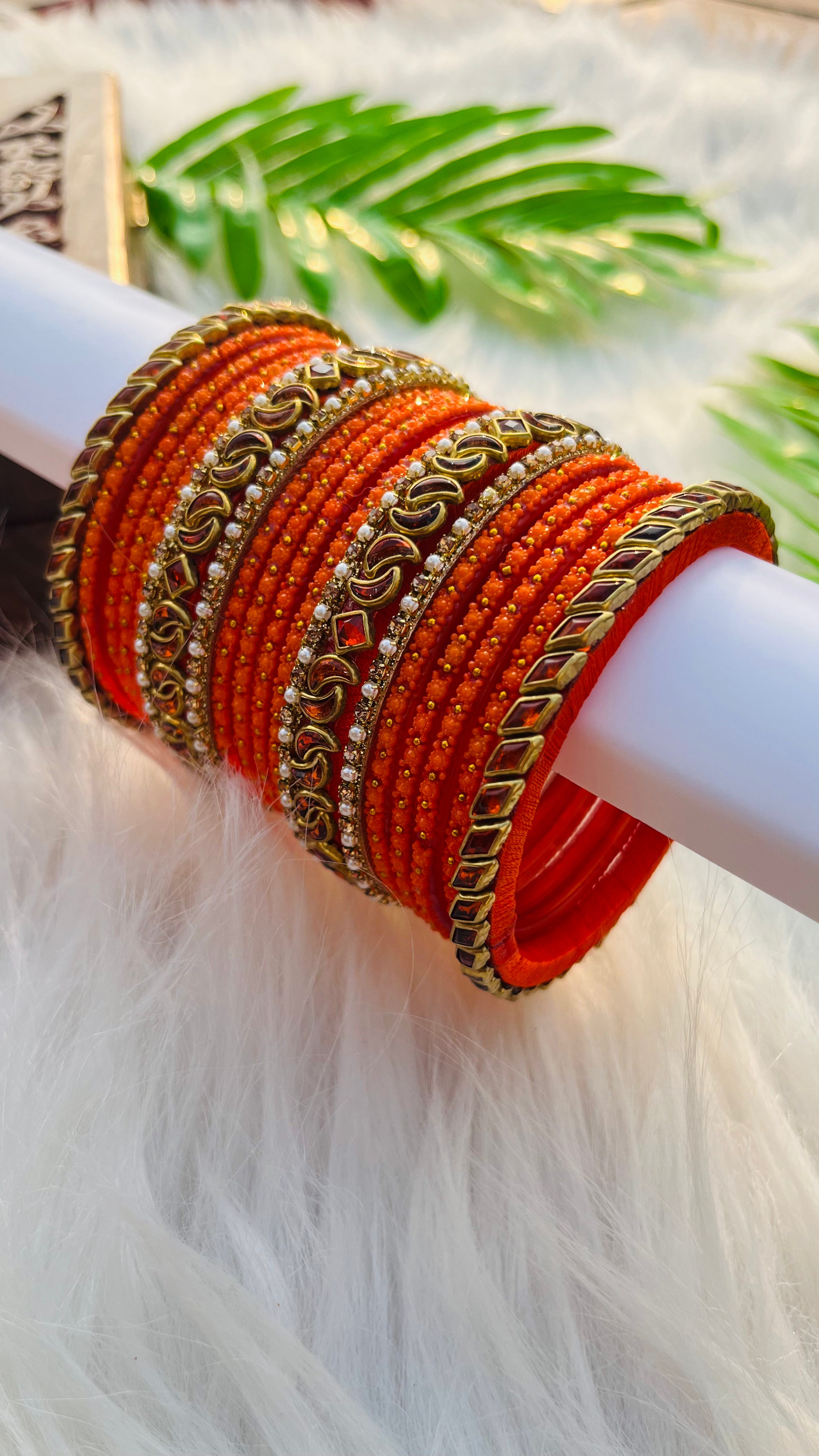 ANIKSHYA HANDMADE ORANGE KUNDAN AND ORANGE GLASS BANGLE GOLD WHITE PEARL BANGLE VH037