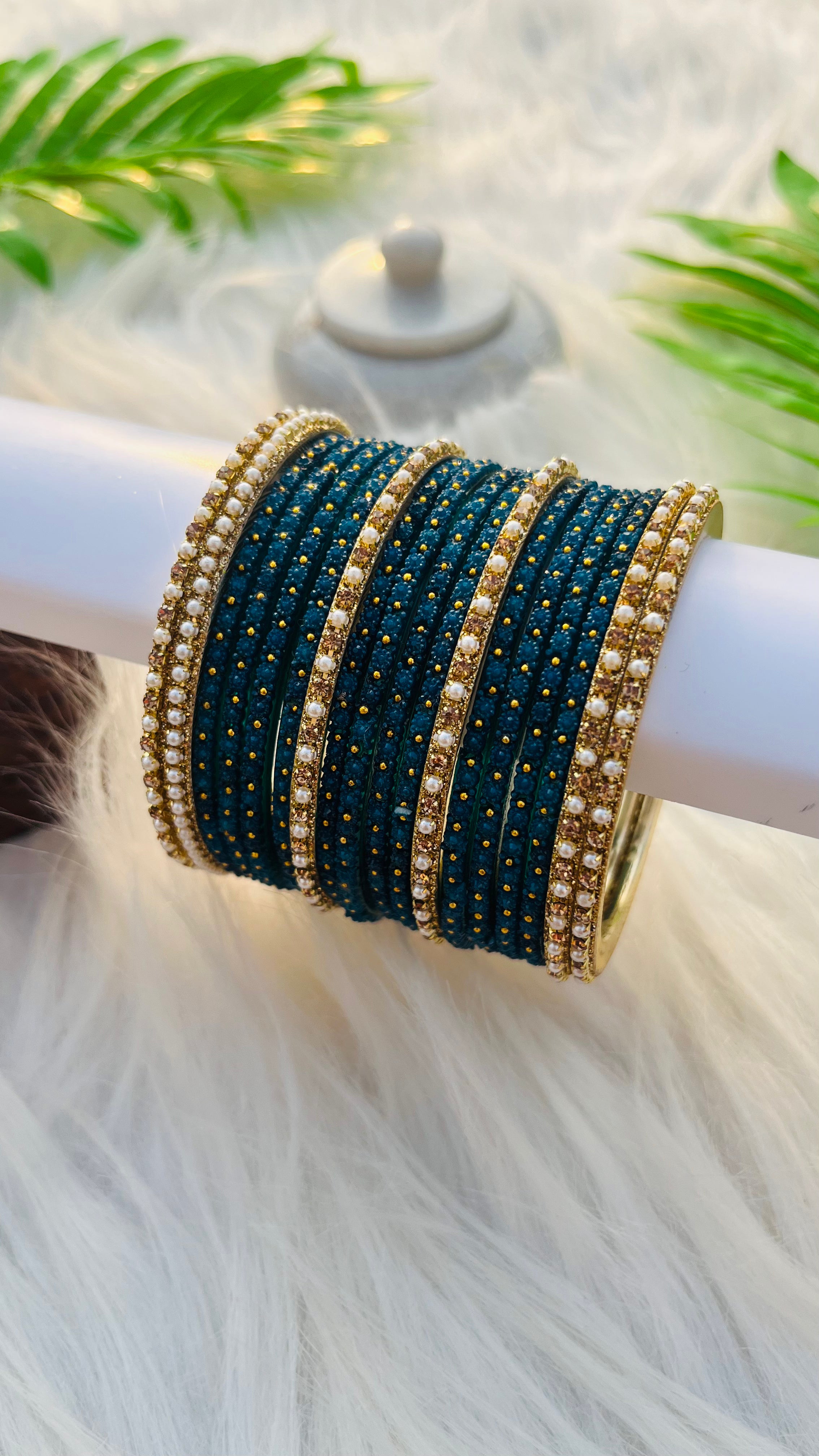 ANIKSHYA PEACOCK GLASS BANGLE AND GOLD WHITE PEARL METAL BANGLE VH038