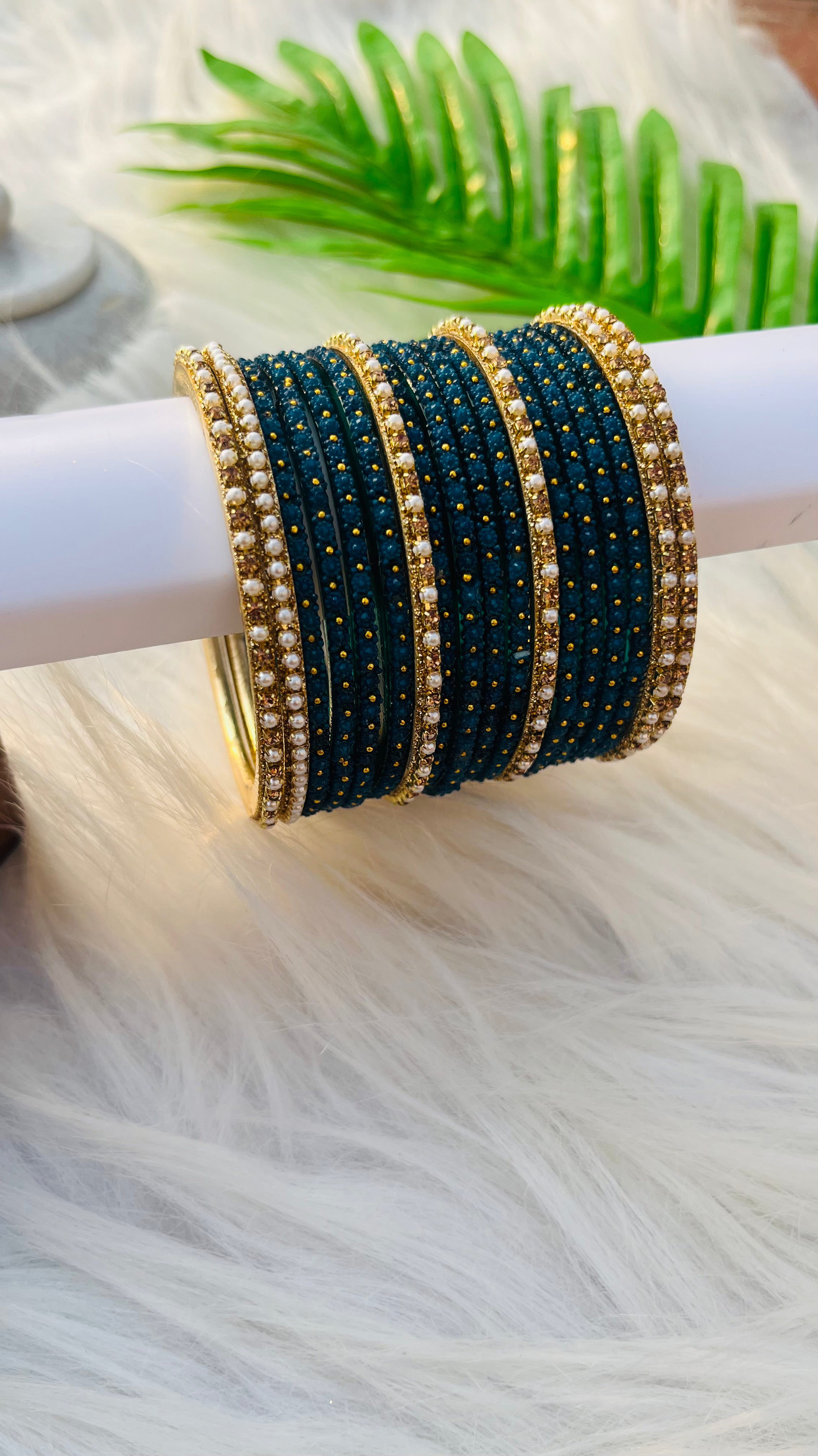ANIKSHYA PEACOCK GLASS BANGLE AND GOLD WHITE PEARL METAL BANGLE VH038