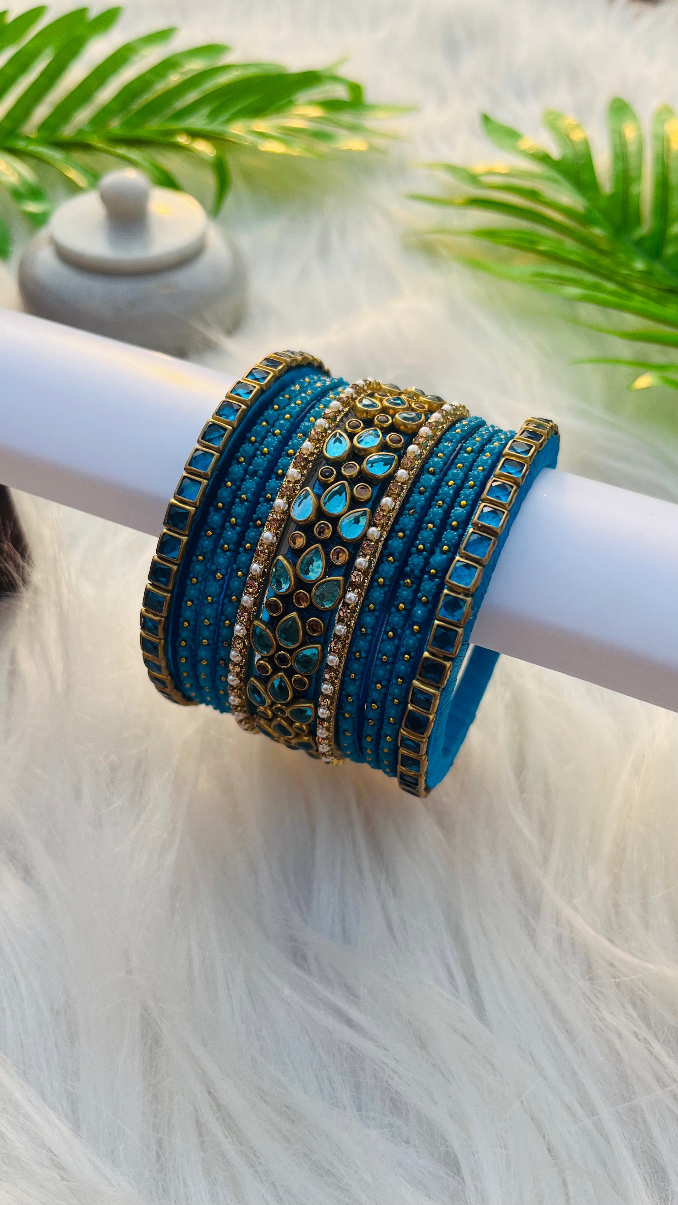ANIKSHYA HANDMADE PEACOCK BLUE GLASS BANGLE AND PEACOCK BLUE GOLD KUNDAN BANGLE VH033