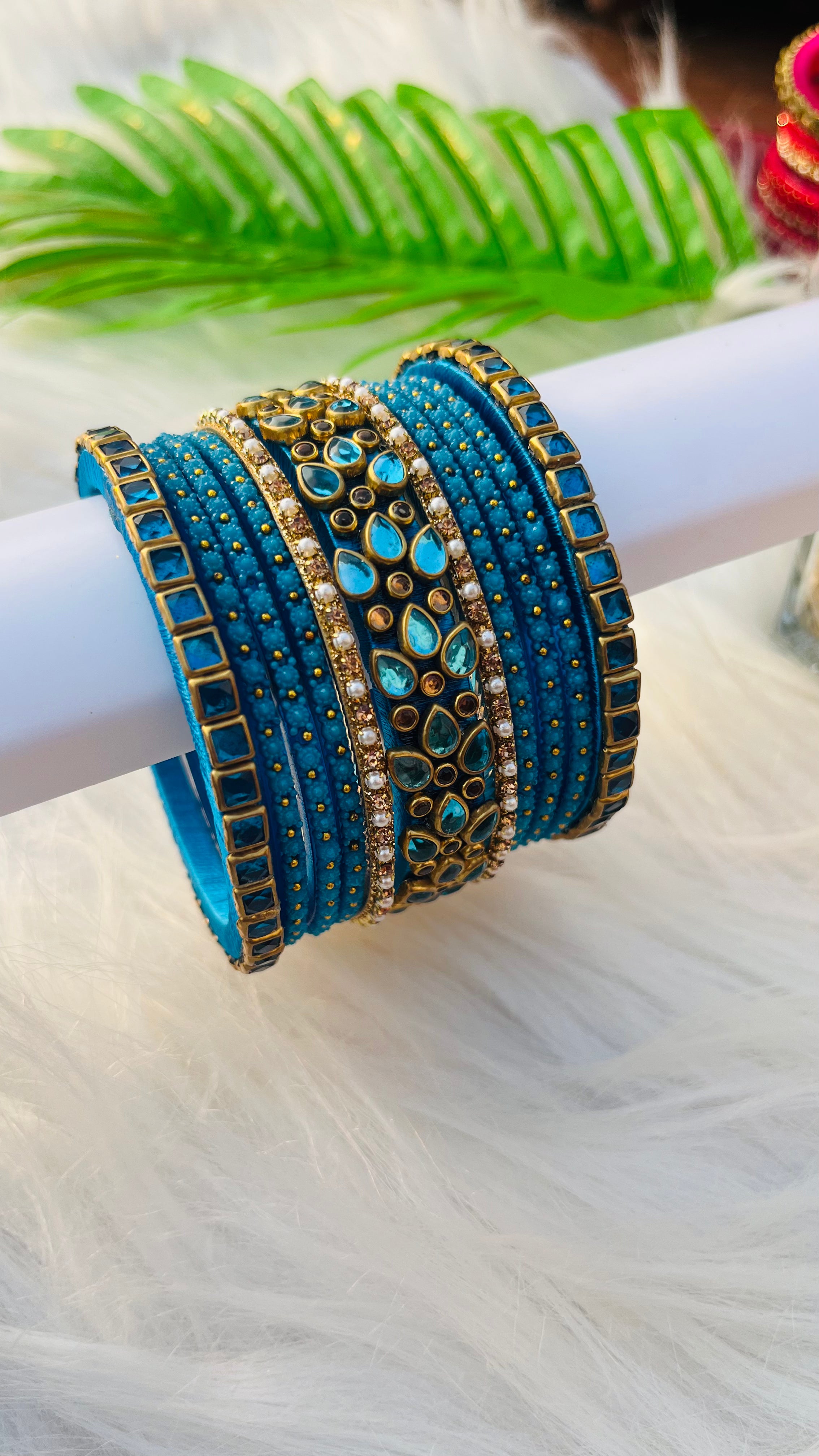 ANIKSHYA HANDMADE PEACOCK BLUE GLASS BANGLE AND PEACOCK BLUE GOLD KUNDAN BANGLE VH033