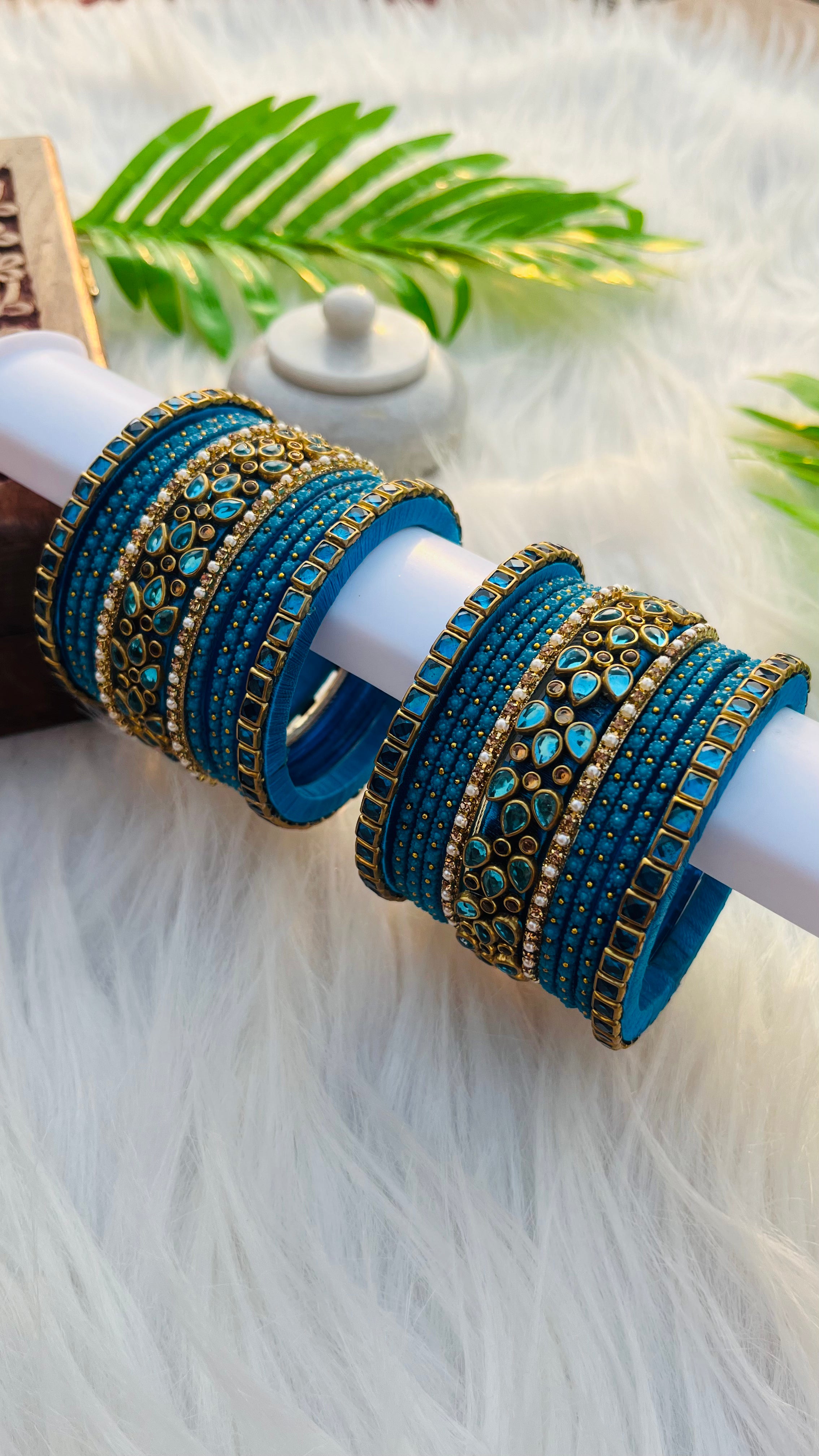 ANIKSHYA HANDMADE PEACOCK BLUE GLASS BANGLE AND PEACOCK BLUE GOLD KUNDAN BANGLE VH033