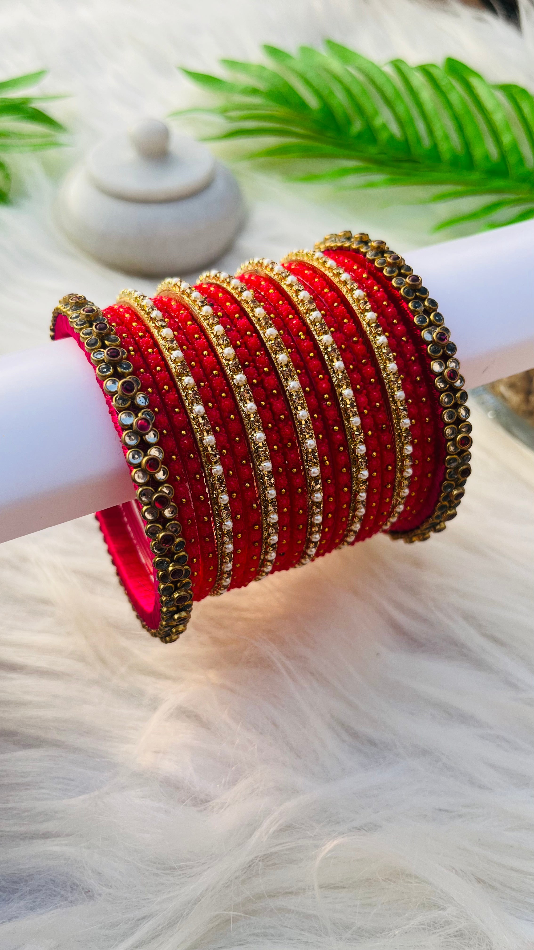 ANIKSHYA HANDMADE WHITE PINK KUNDAN BANGLE AND PINK GLASS BANGLE GOLD WHITE PEARL METAL BANGLE VH039