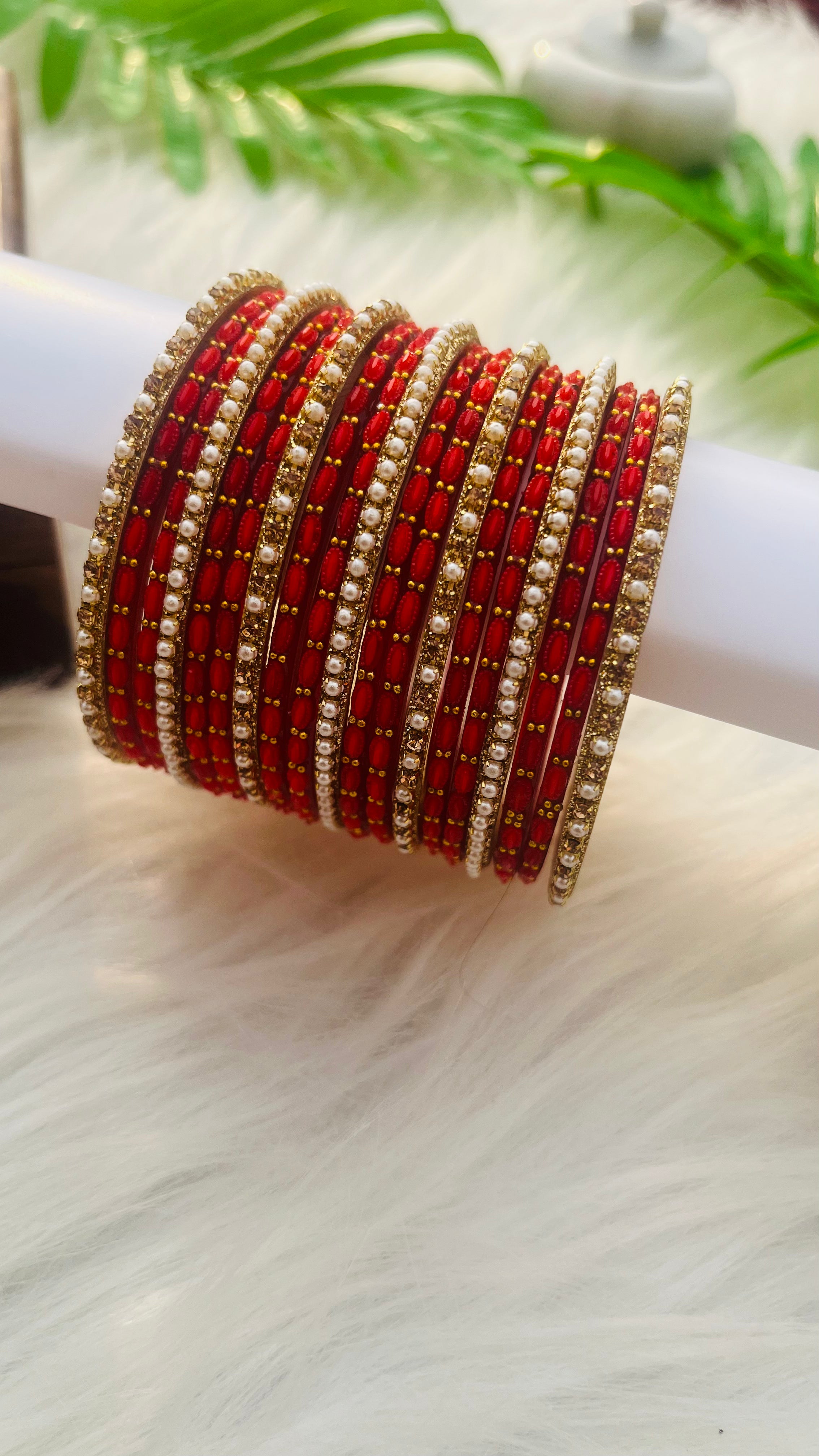 ANIKSHYA RED GLASS BANGLE AND GOLD PEARL METAL BANGLE VH045