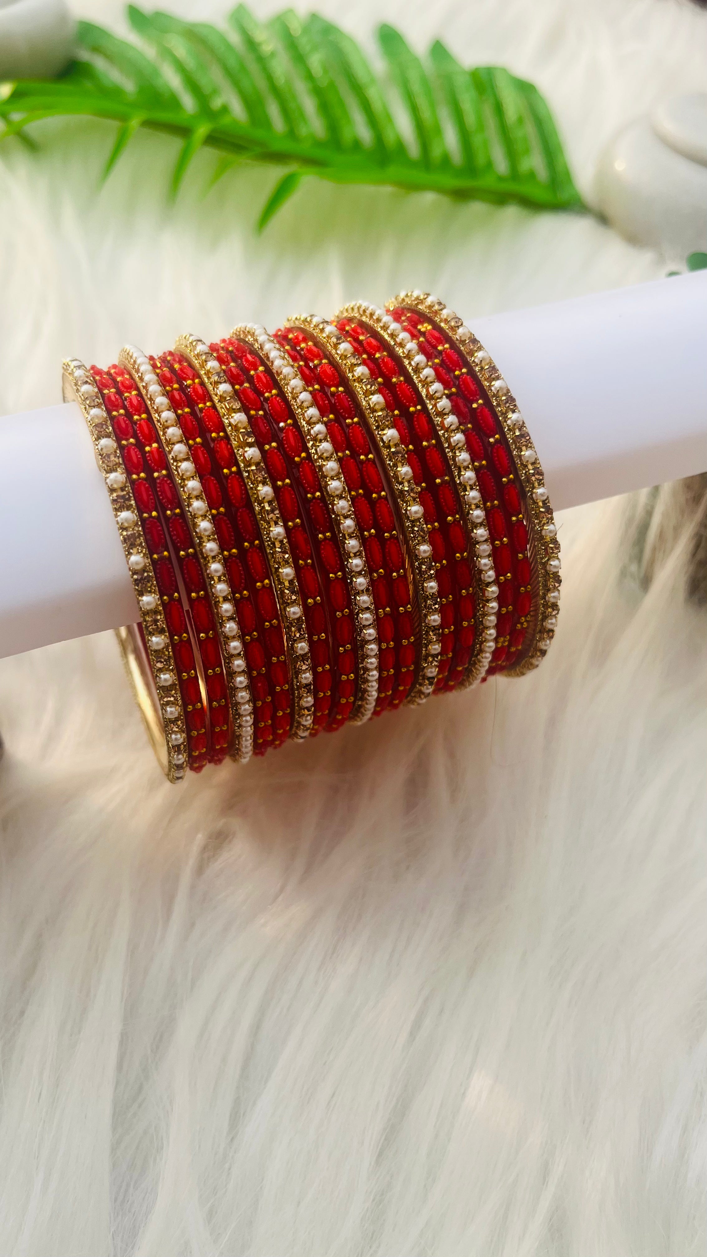 ANIKSHYA RED GLASS BANGLE AND GOLD PEARL METAL BANGLE VH045