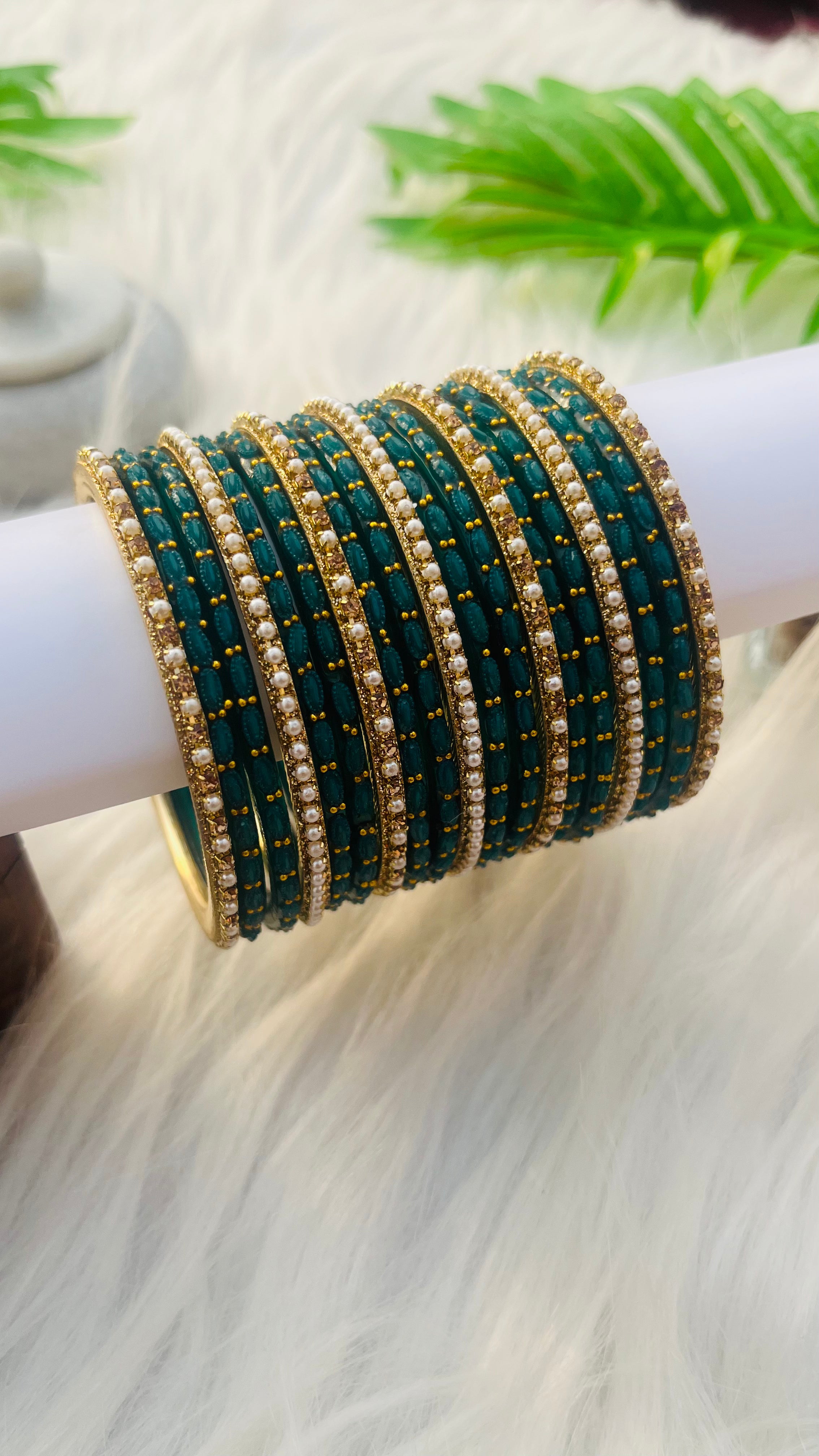 ANIKSHYA GREEN GLASS BANGLE AND GOLD PEARL METAL BANGLE VH043