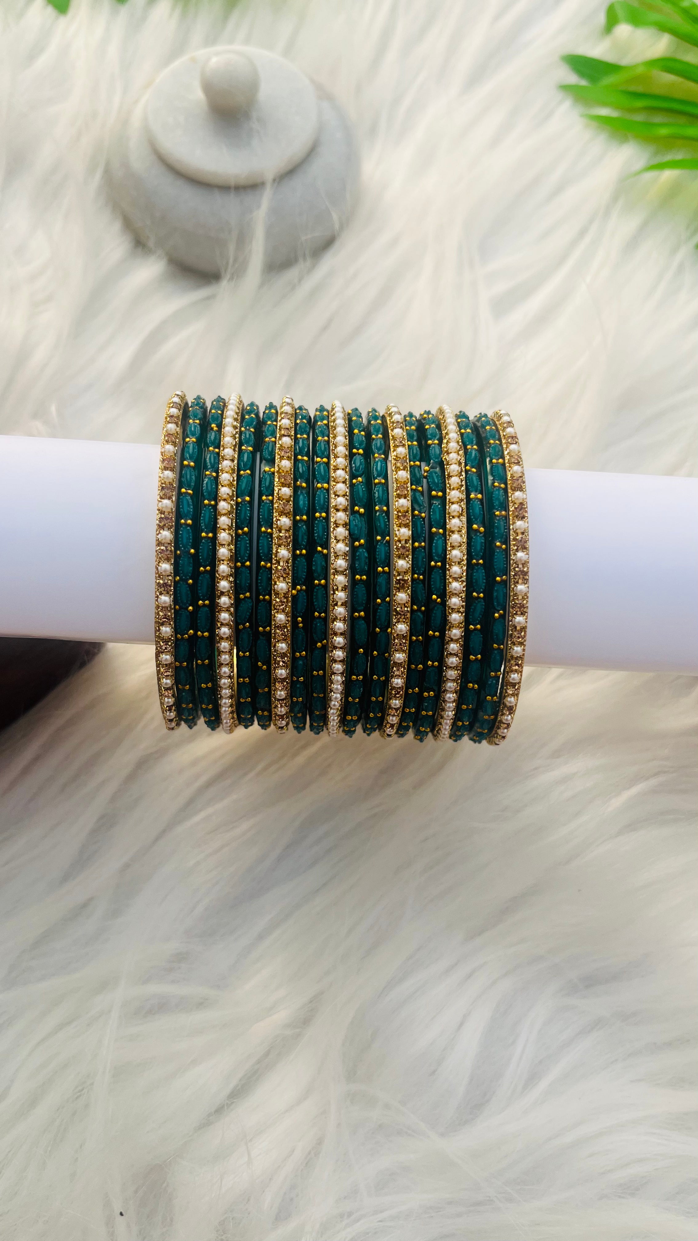 ANIKSHYA GREEN GLASS BANGLE AND GOLD PEARL METAL BANGLE VH043