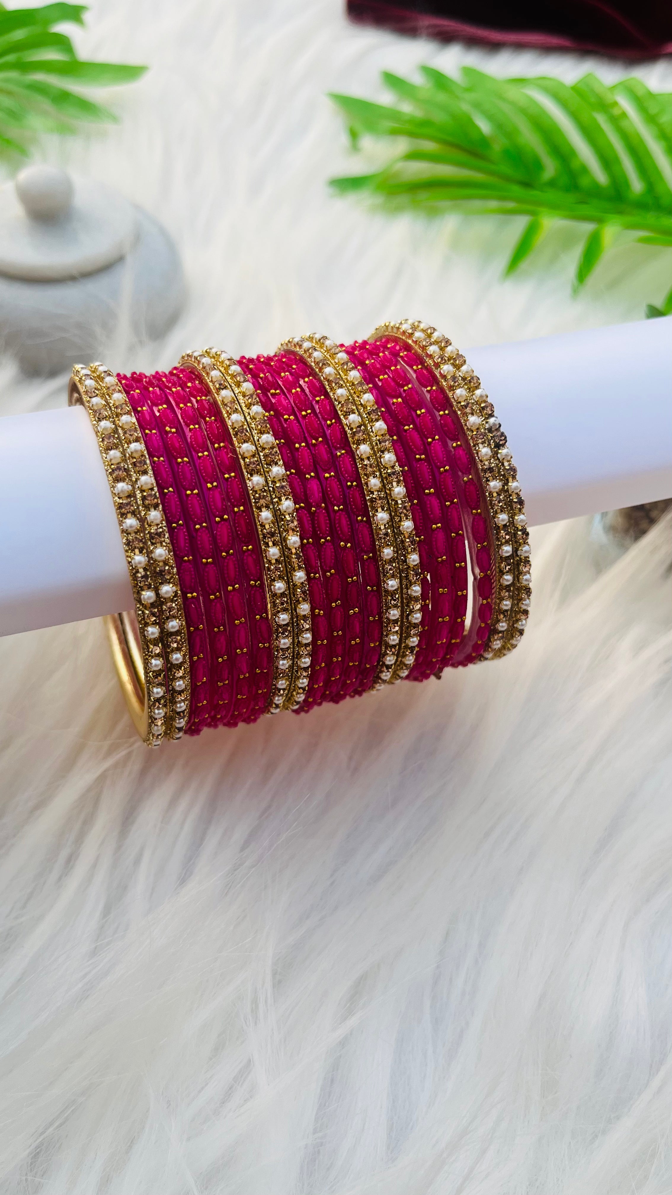 ANIKSHYA PINK GLASS BANGLE AND GOLD PEARL METAL BANGLE VH044