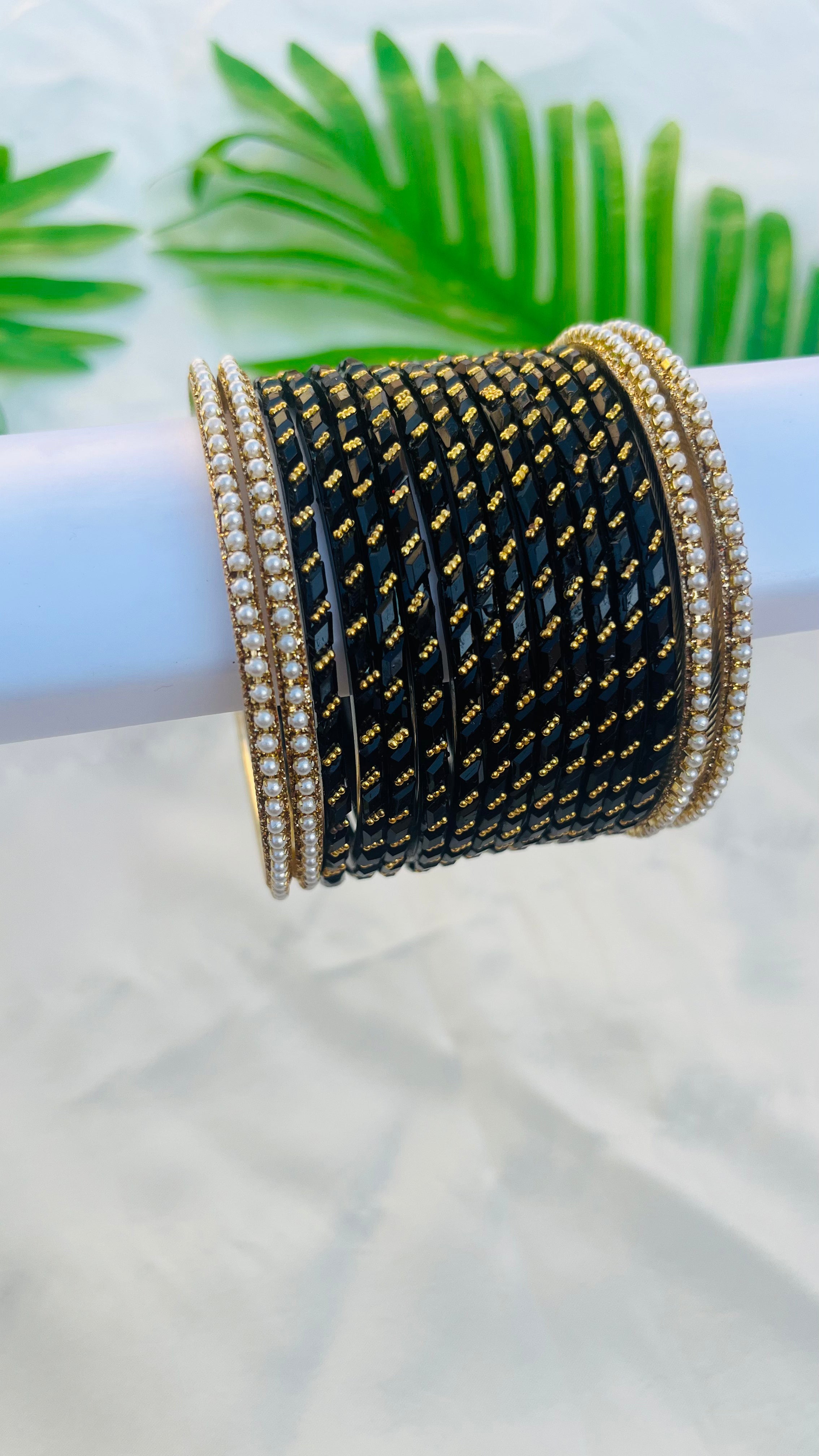 ANIKSHYA BLACK GLASS BANGLE AND WHITE PEARL METAL BANGLE VH047