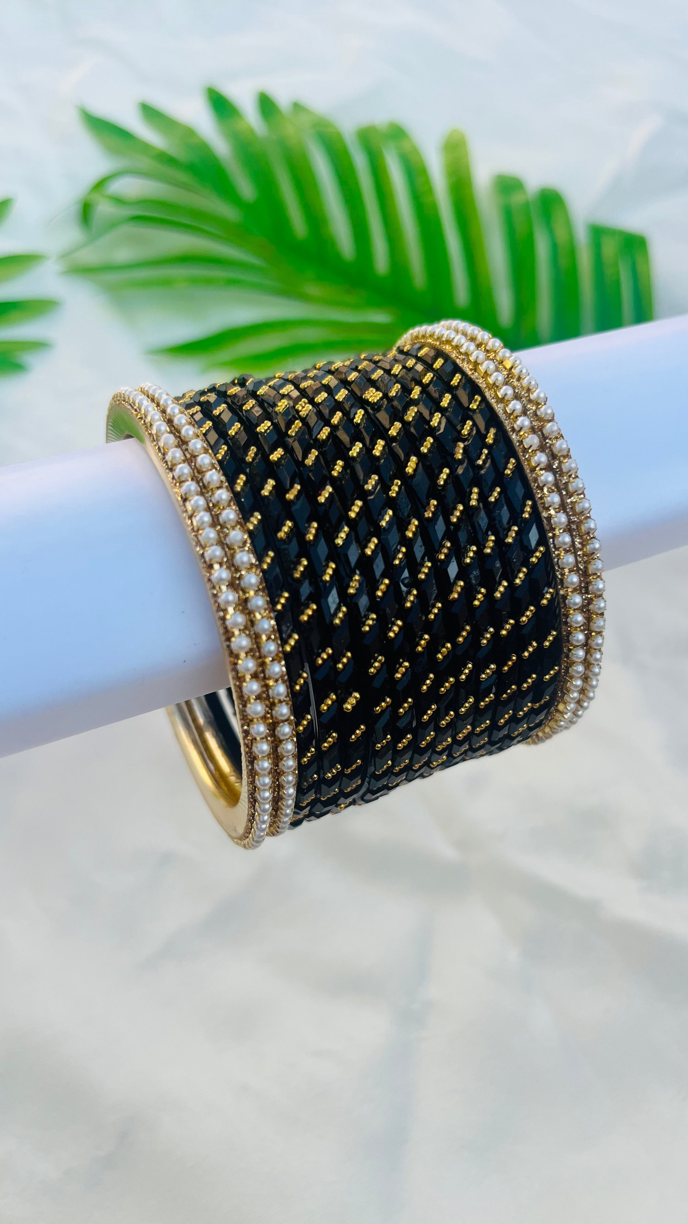 ANIKSHYA BLACK GLASS BANGLE AND WHITE PEARL METAL BANGLE VH047
