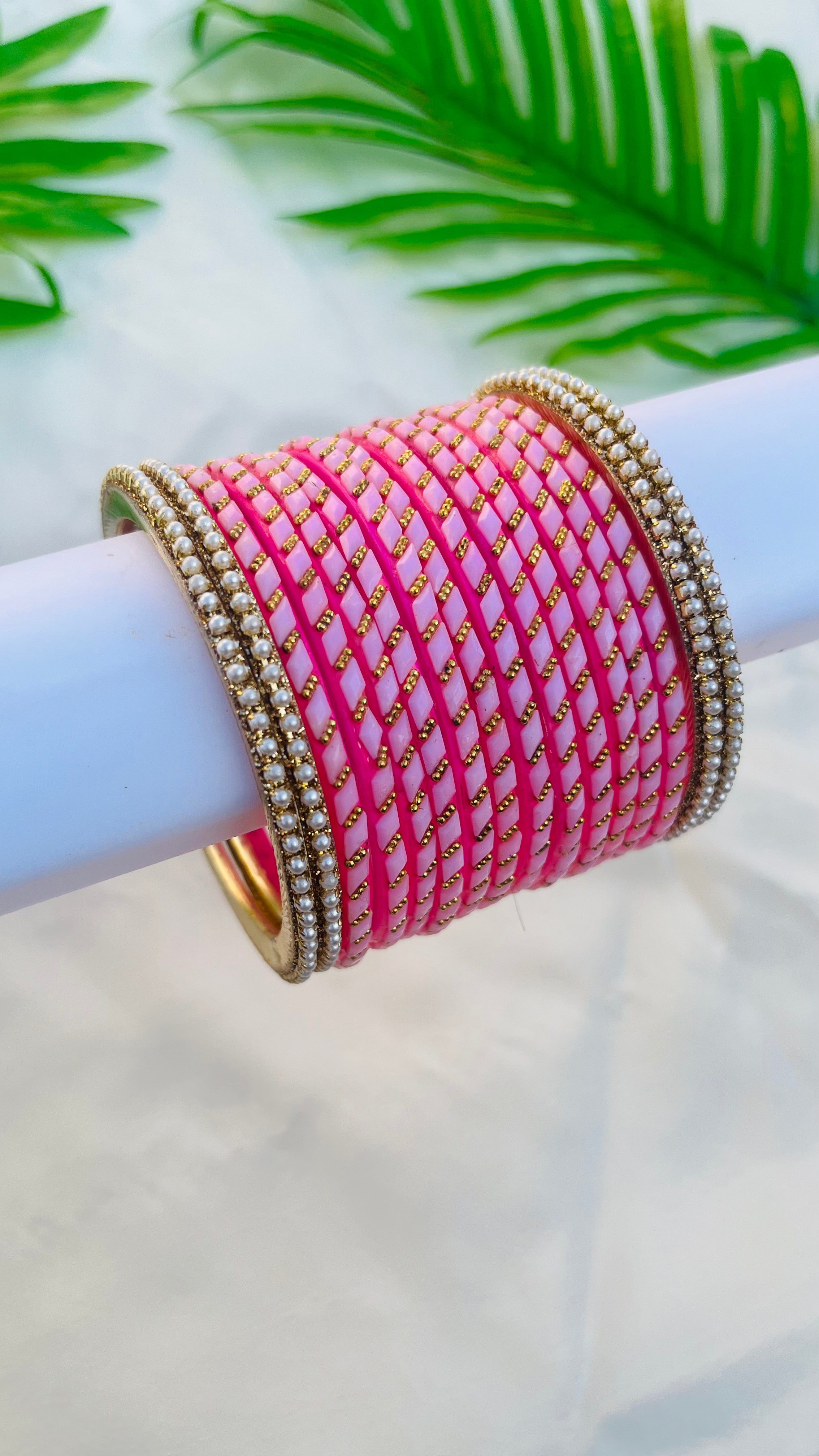 ANIKSHYA LITE PINK GLASS BANGLE AND WHITE PEARL METAL BANGLE VH048