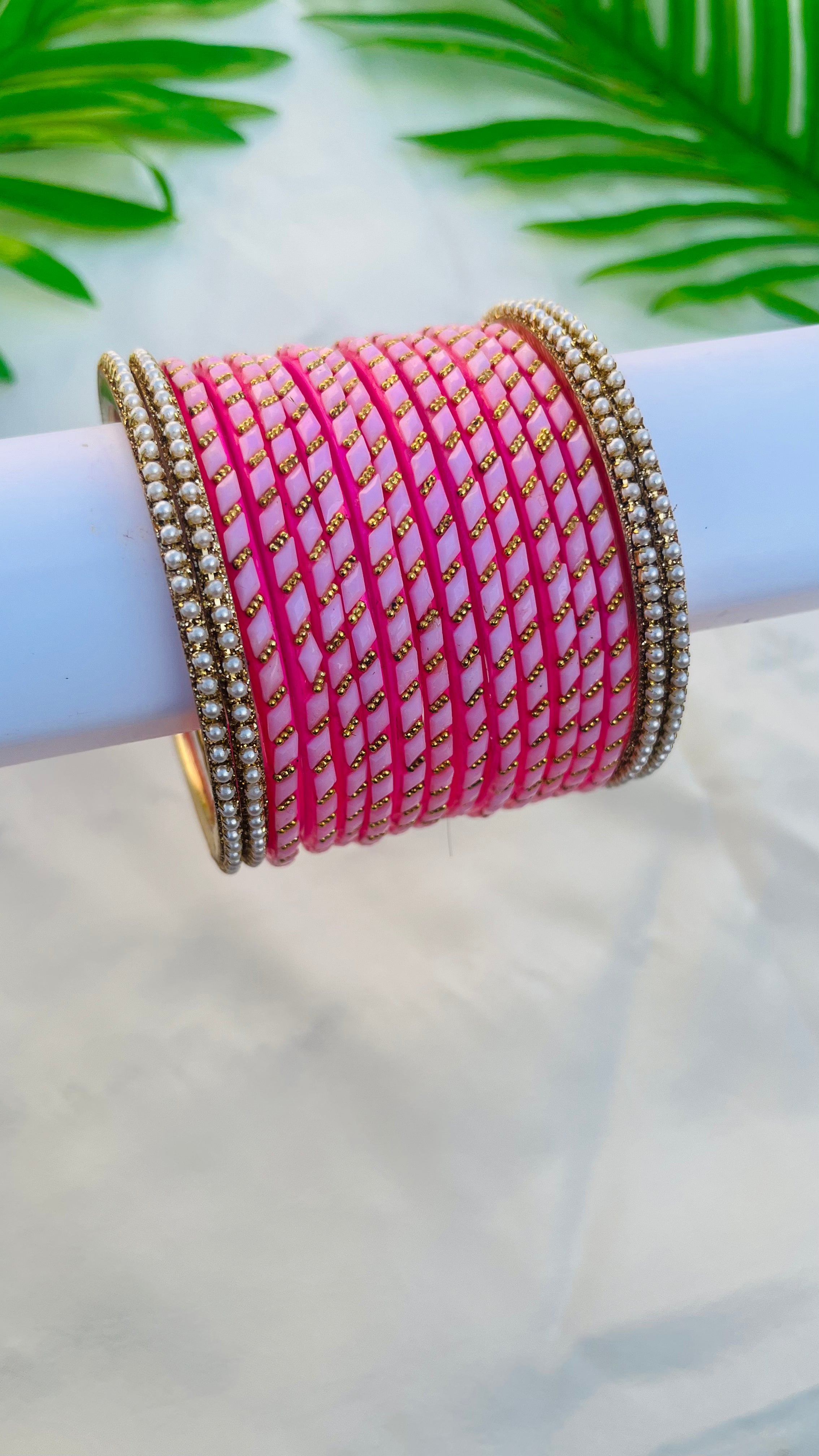 ANIKSHYA LITE PINK GLASS BANGLE AND WHITE PEARL METAL BANGLE VH048