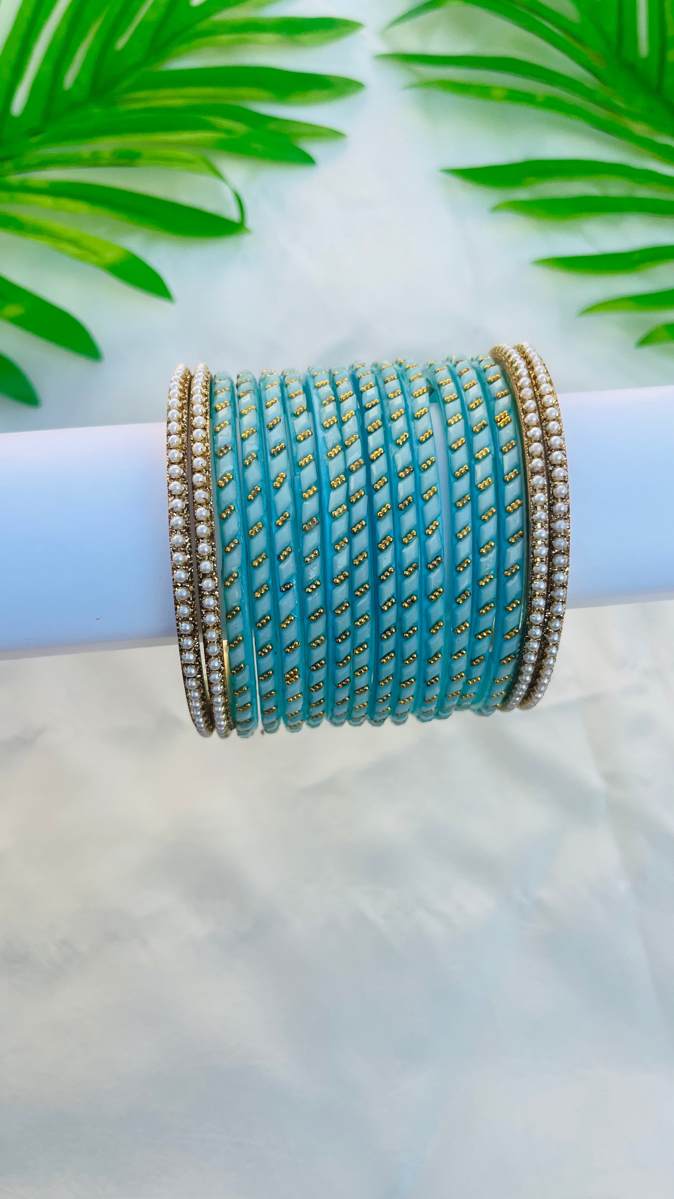 ANIKSHYA CYAN GLASS BANGLE AND WHITE PEARL METAL BANGLE VH049