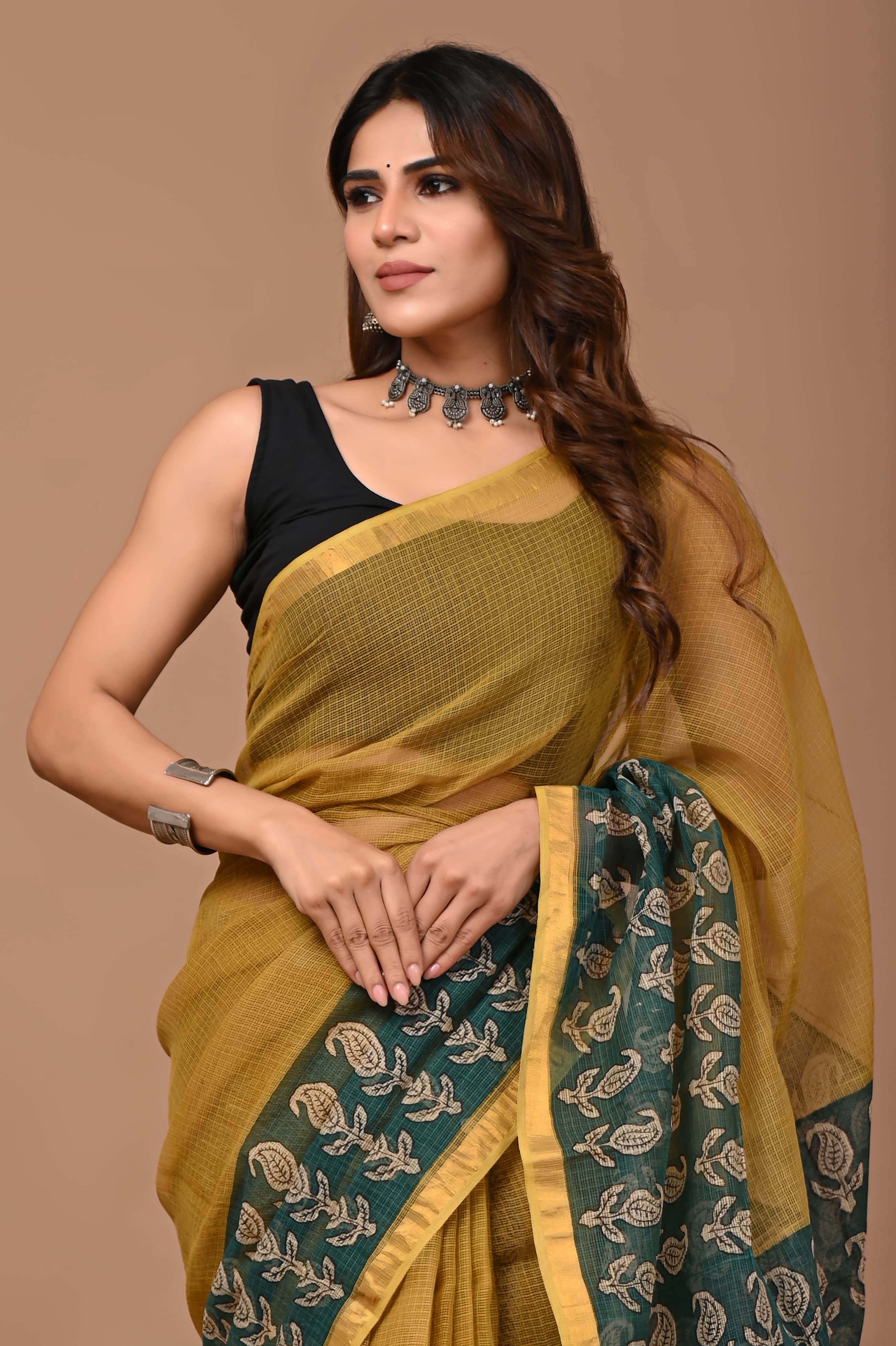 Anikshya D3 Kota yellow Ajrak print saree