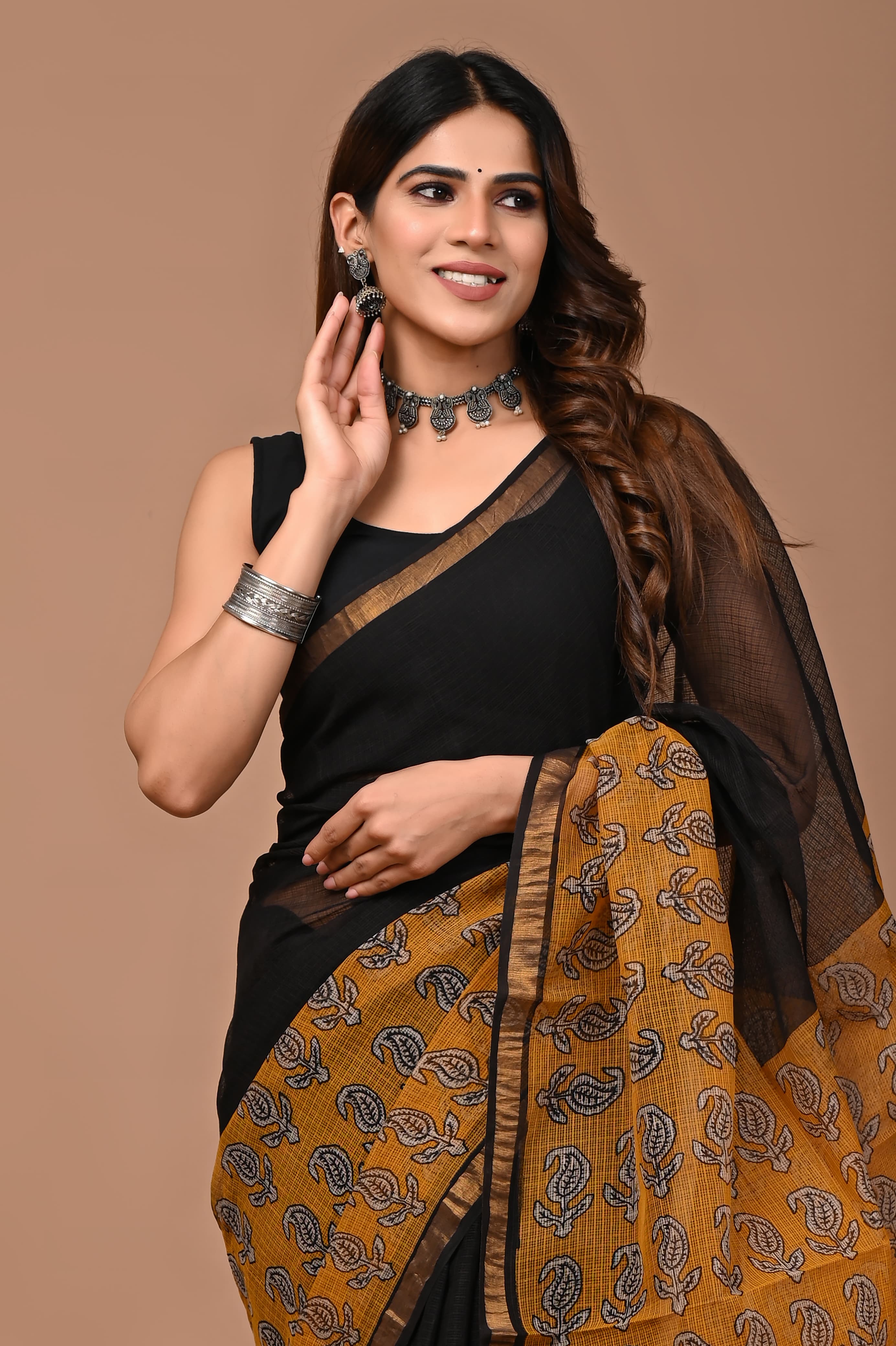 Anikshya D4 Ajrak Black Mustard saree