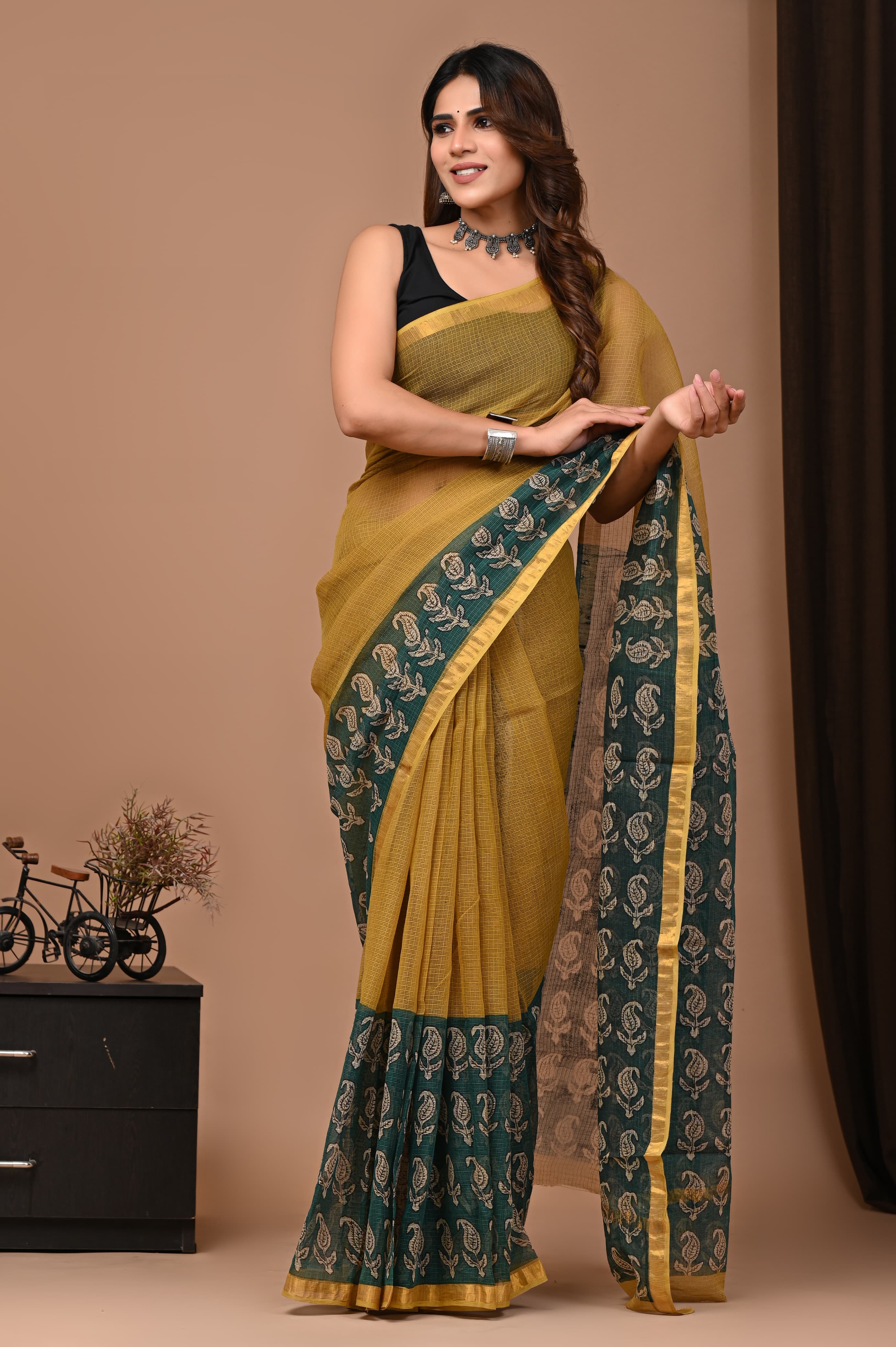 Anikshya D3 Kota yellow Ajrak print saree