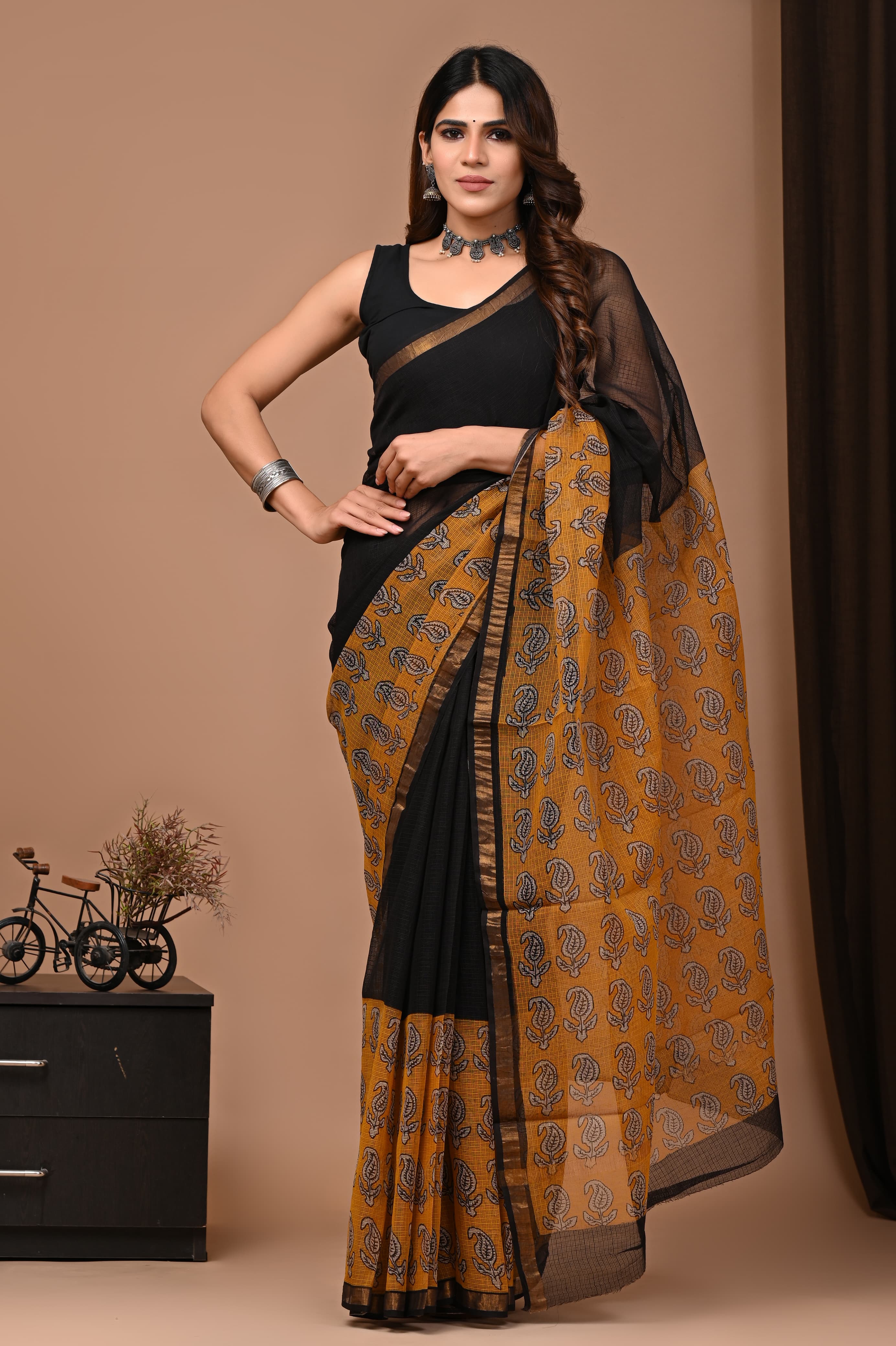 Anikshya D4 Ajrak Black Mustard saree