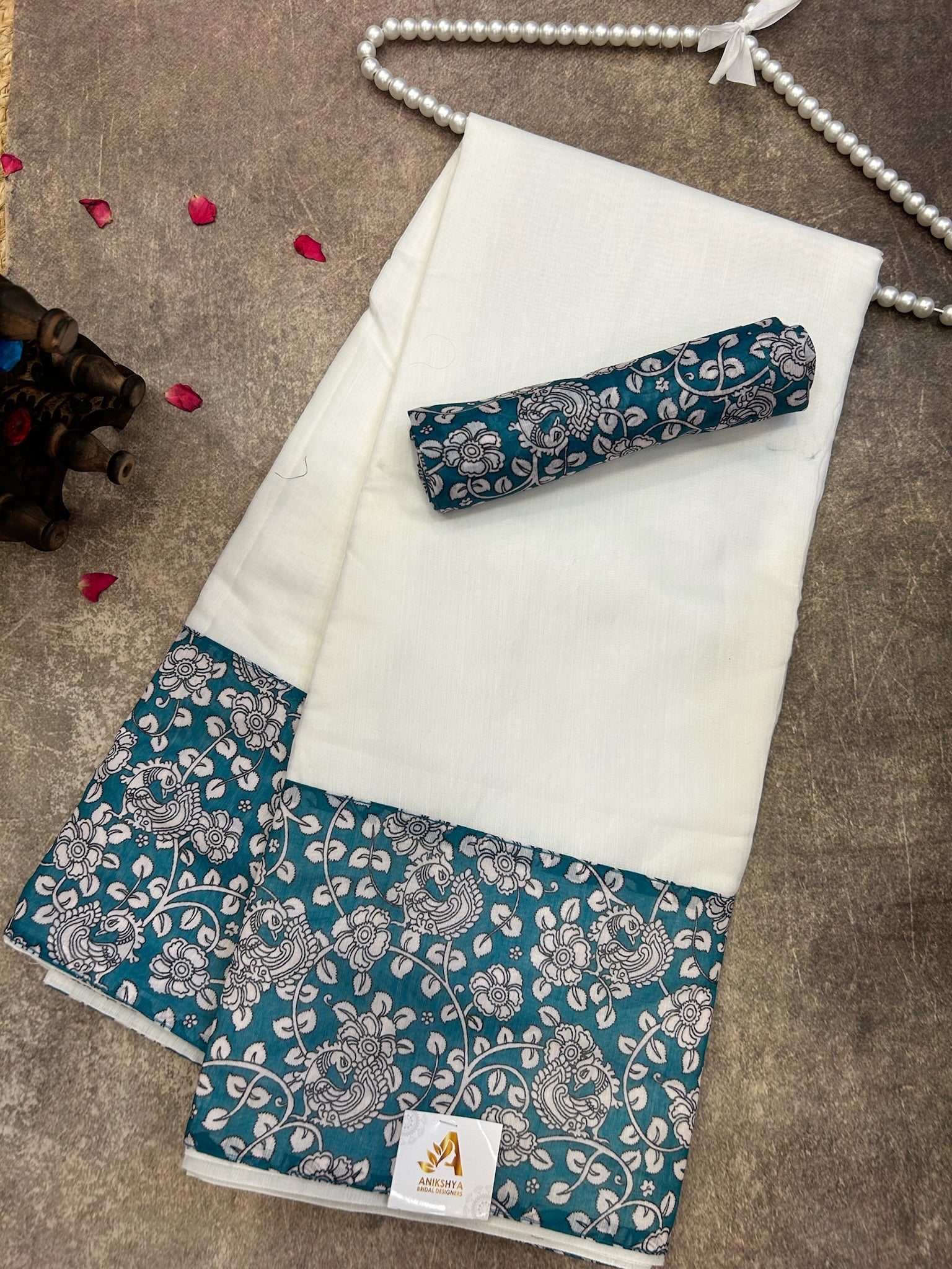 Tissue silk Teal Kalamkari Border saree ABD25AP67