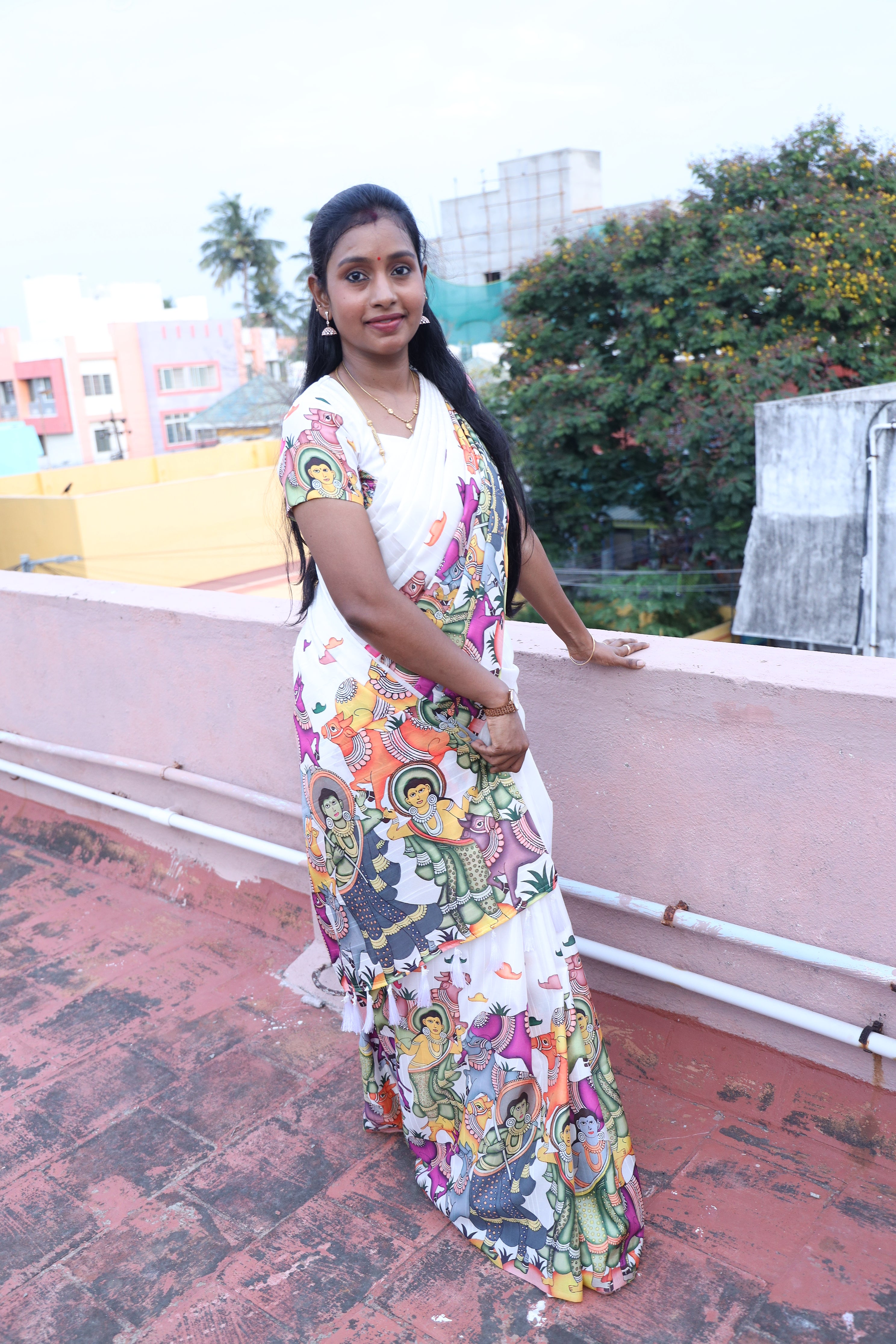 White Digital Pichwai Print Tussar saree ABD25AP88