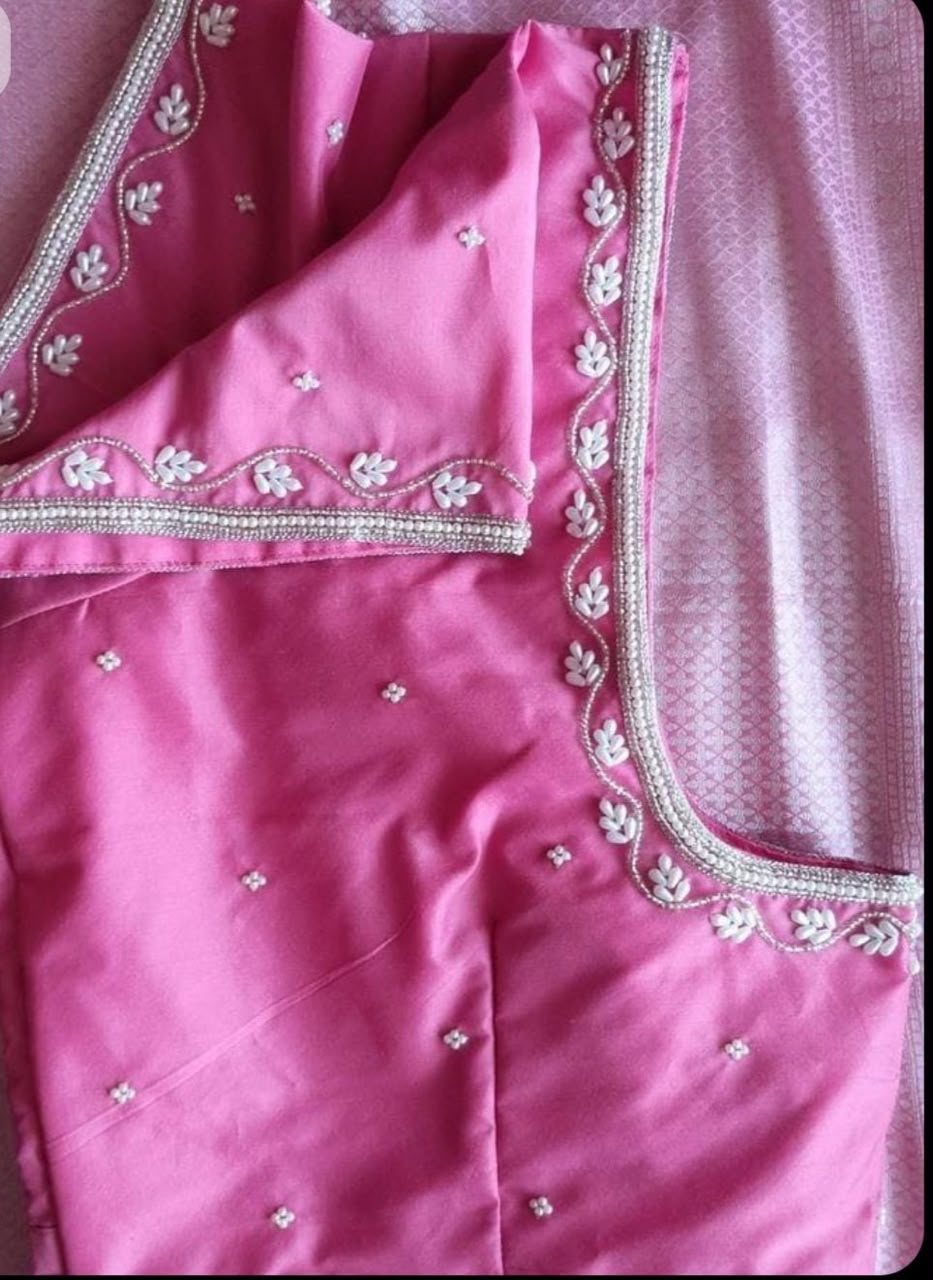 Candy Pink Hand Embroidery Designer Blouse with Pearl Leaf Border