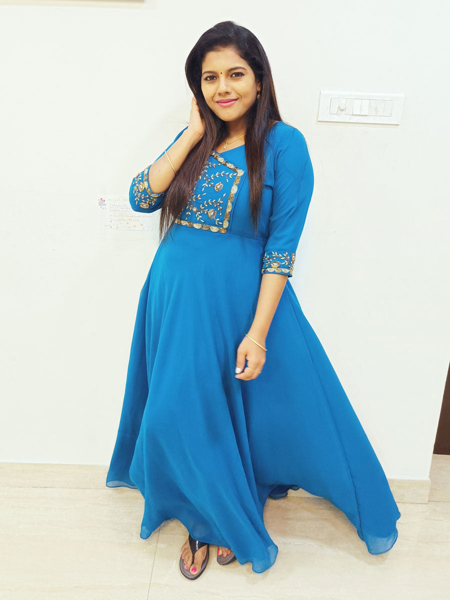 copper sulphate blue dress SOLD Copper sulphate Narayanpet Cotton A-line Anarkali with Mirror work and  paired up little darker shade Blue Narayanpet dupatta *Available @ Price  175$ * Size 38 Can be altered Pant Yes