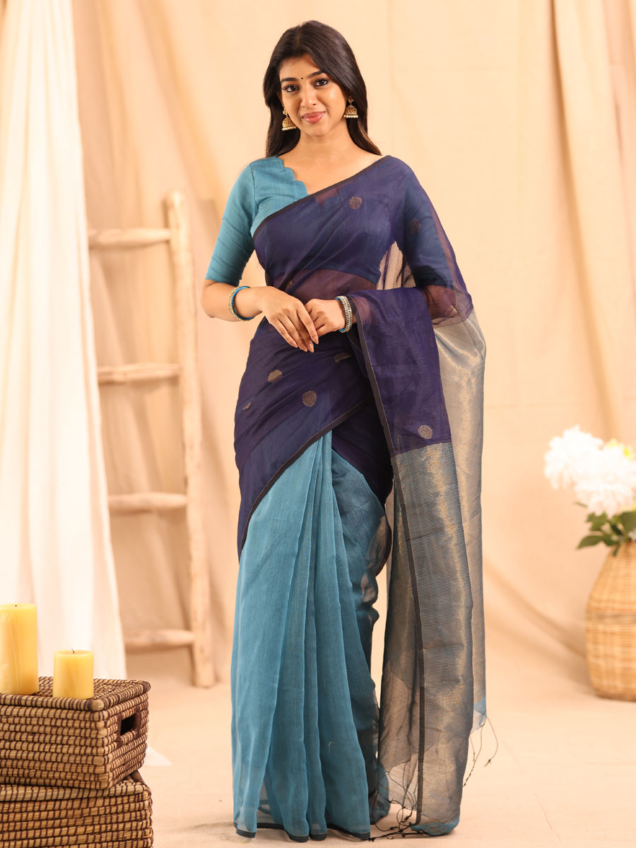 Anikshya Blue Scallop Blouse With V neck line