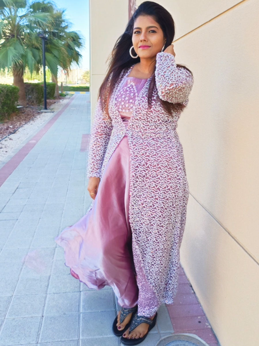 Anikshya Onion Pink with Designer shrug Party wear Anikshya Onion Pink with Designer shrug Party wear