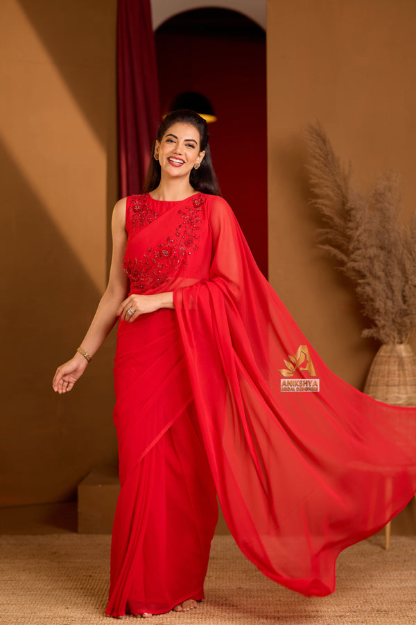 Cherry Red Handwork Georgette saree