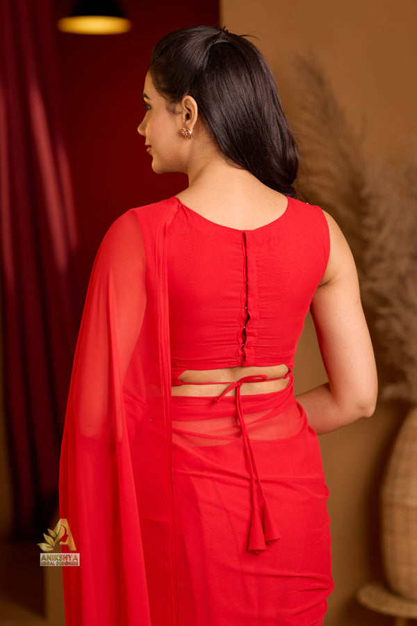 Cherry Red Handwork Georgette saree