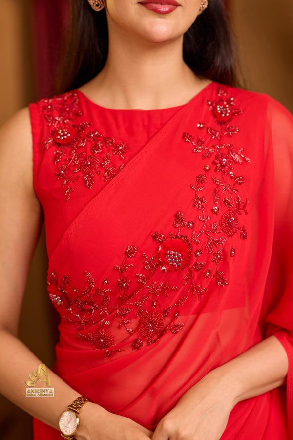 Cherry Red Handwork Georgette saree
