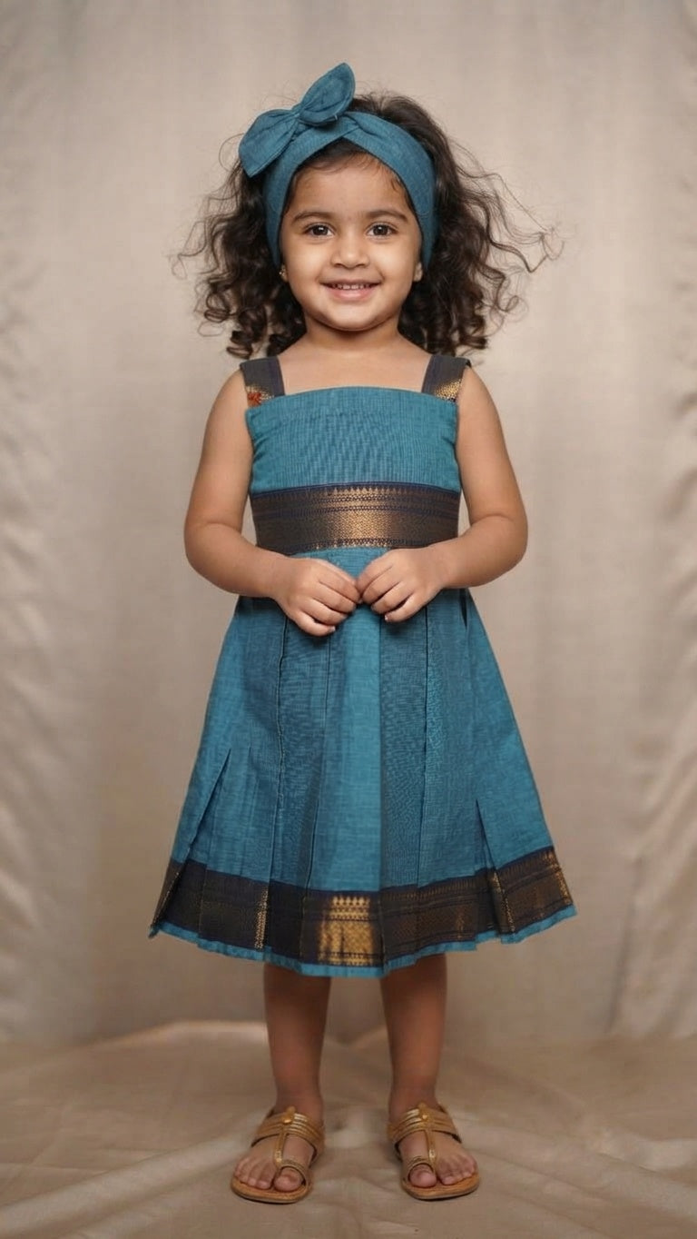Blue Chettinad Cotton Kid Frock with head band