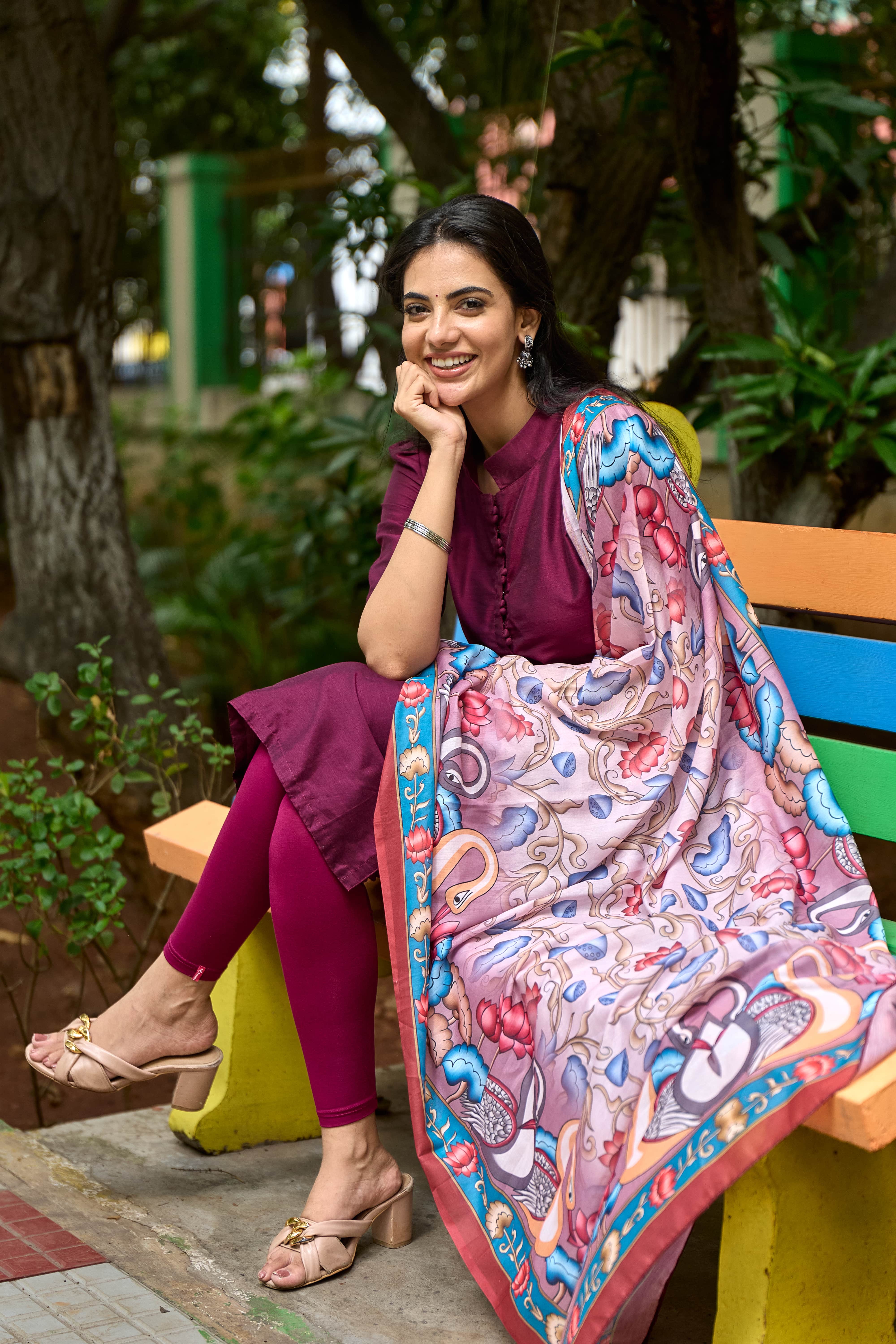 Wine Cotton Kurti with Pure Mul Printed Dupatta