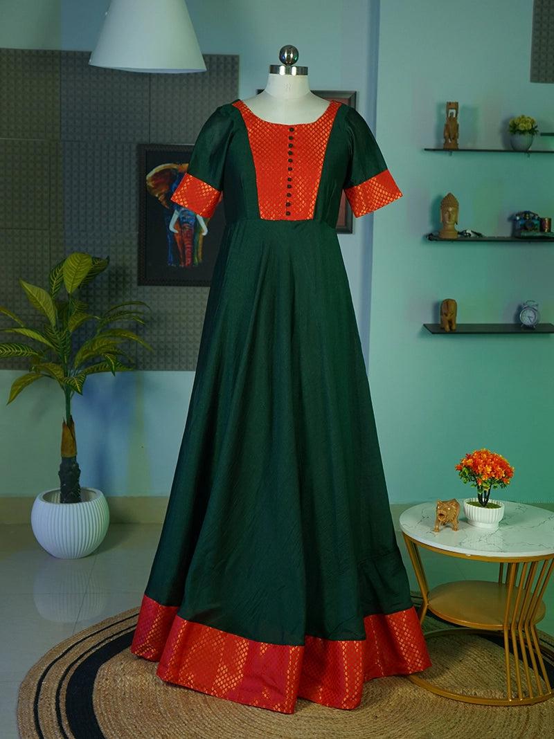 Anikshya Bottle green with Banarasi party wear Dress