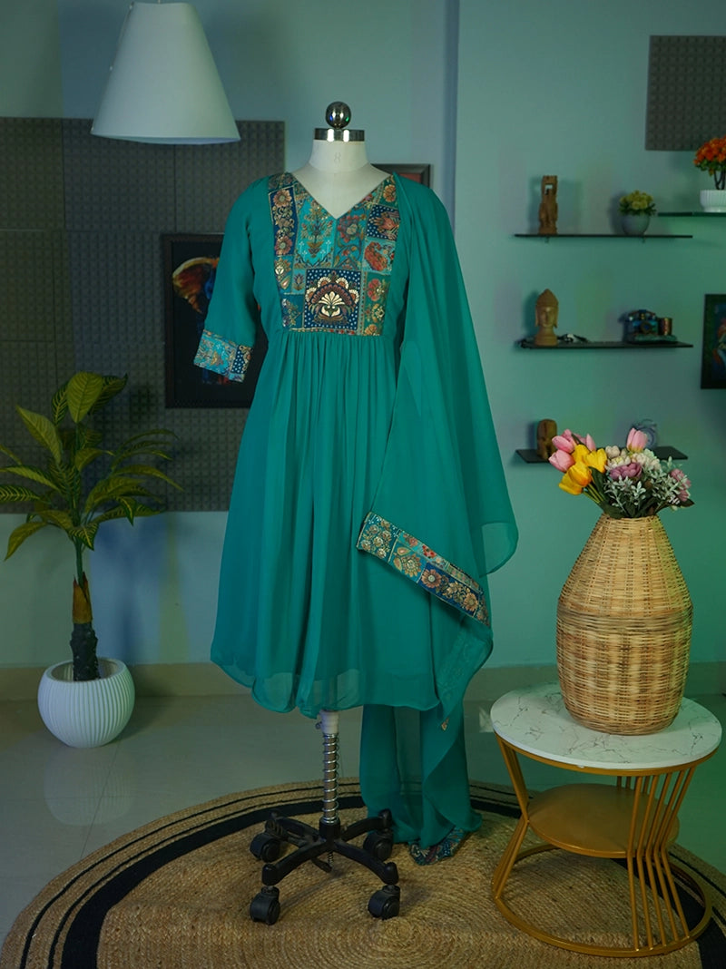 Anikshya Teal Banarasi pattern Party wear