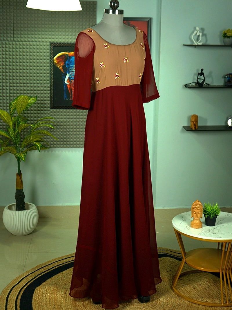 Anikshya Maroon and Beige Georgette Party wear dress