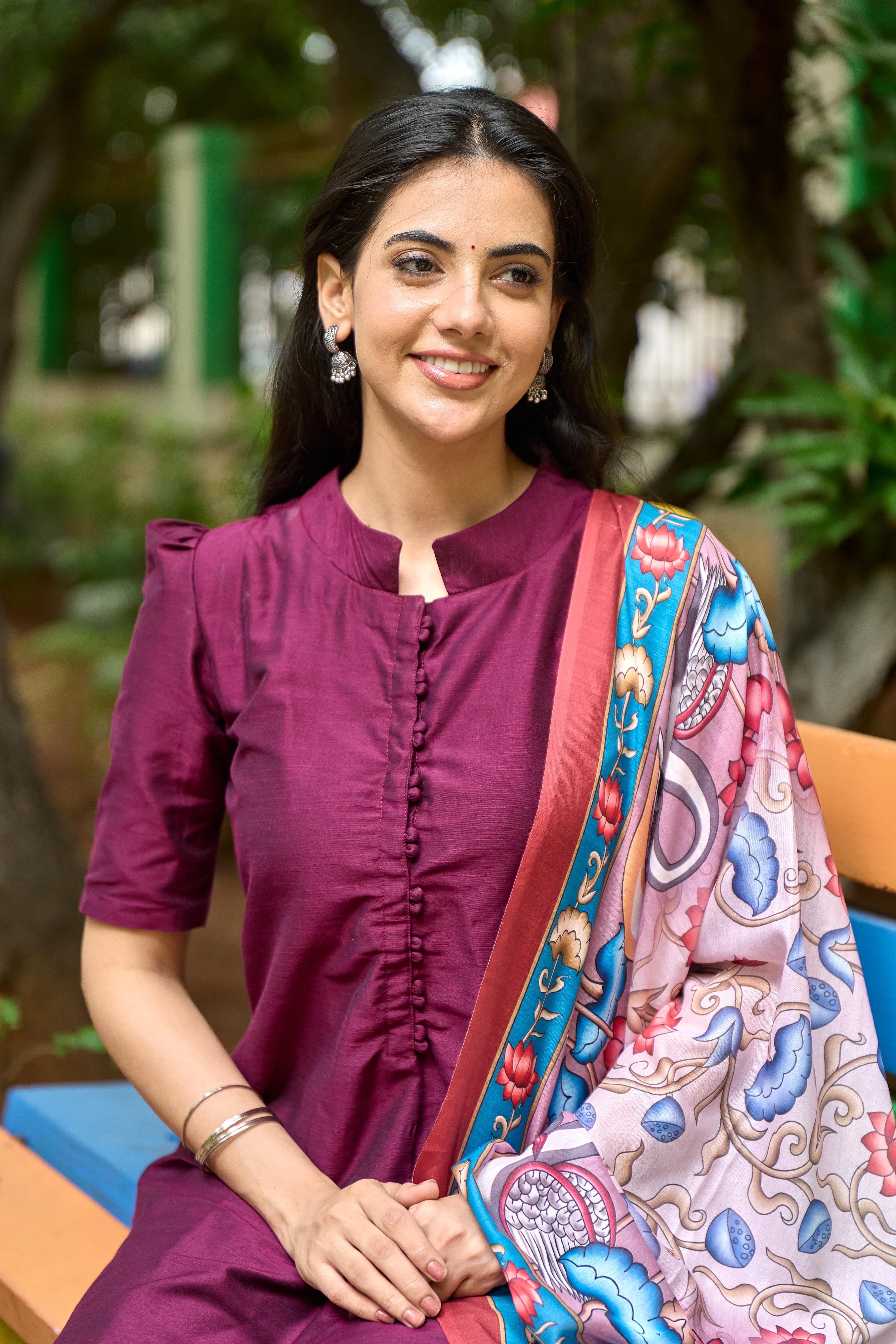 Wine Cotton Kurti with Pure Mul Printed Dupatta