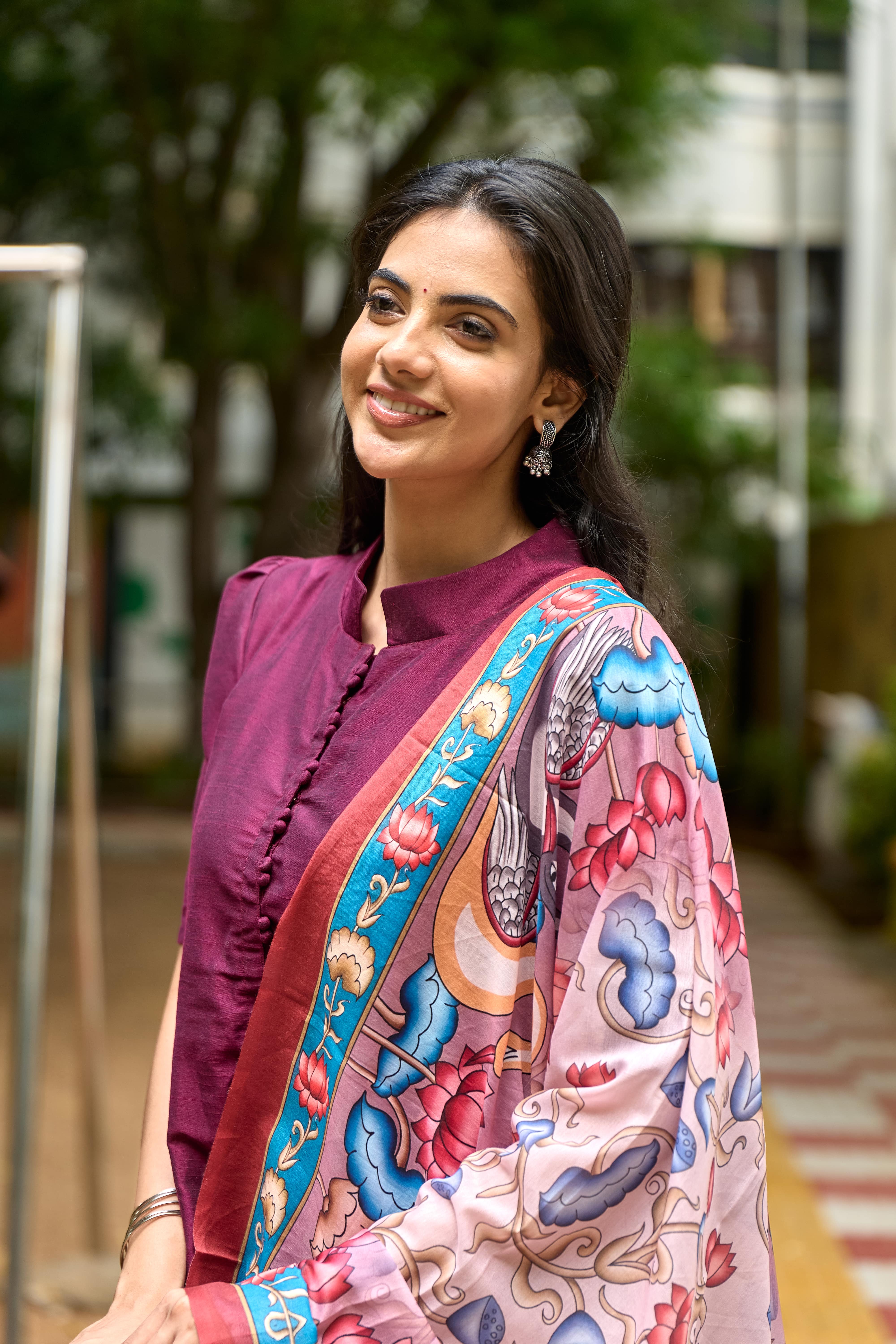 Wine Cotton Kurti with Pure Mul Printed Dupatta