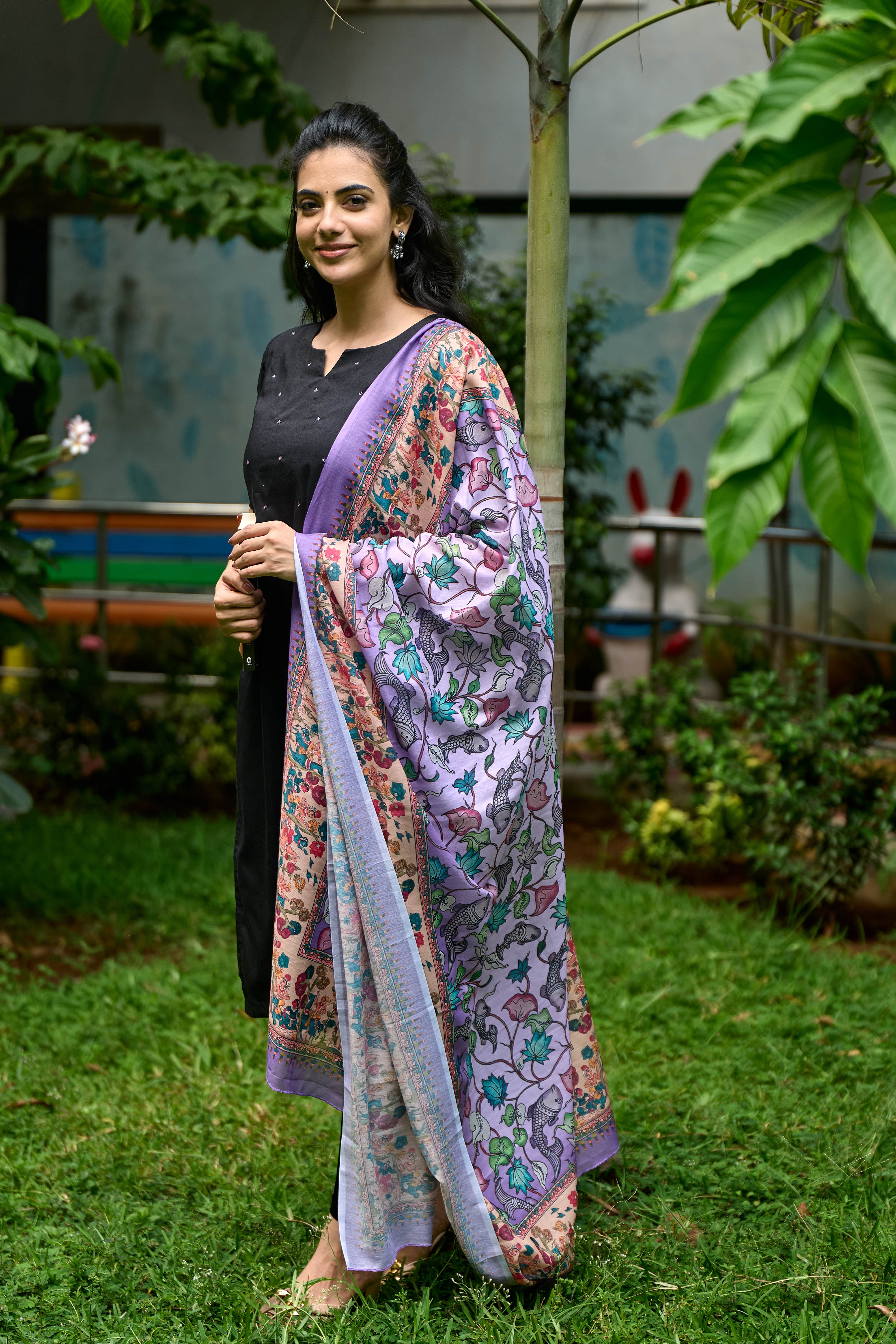 Black Cotton Kurti with Pure Mul Printed Dupatta