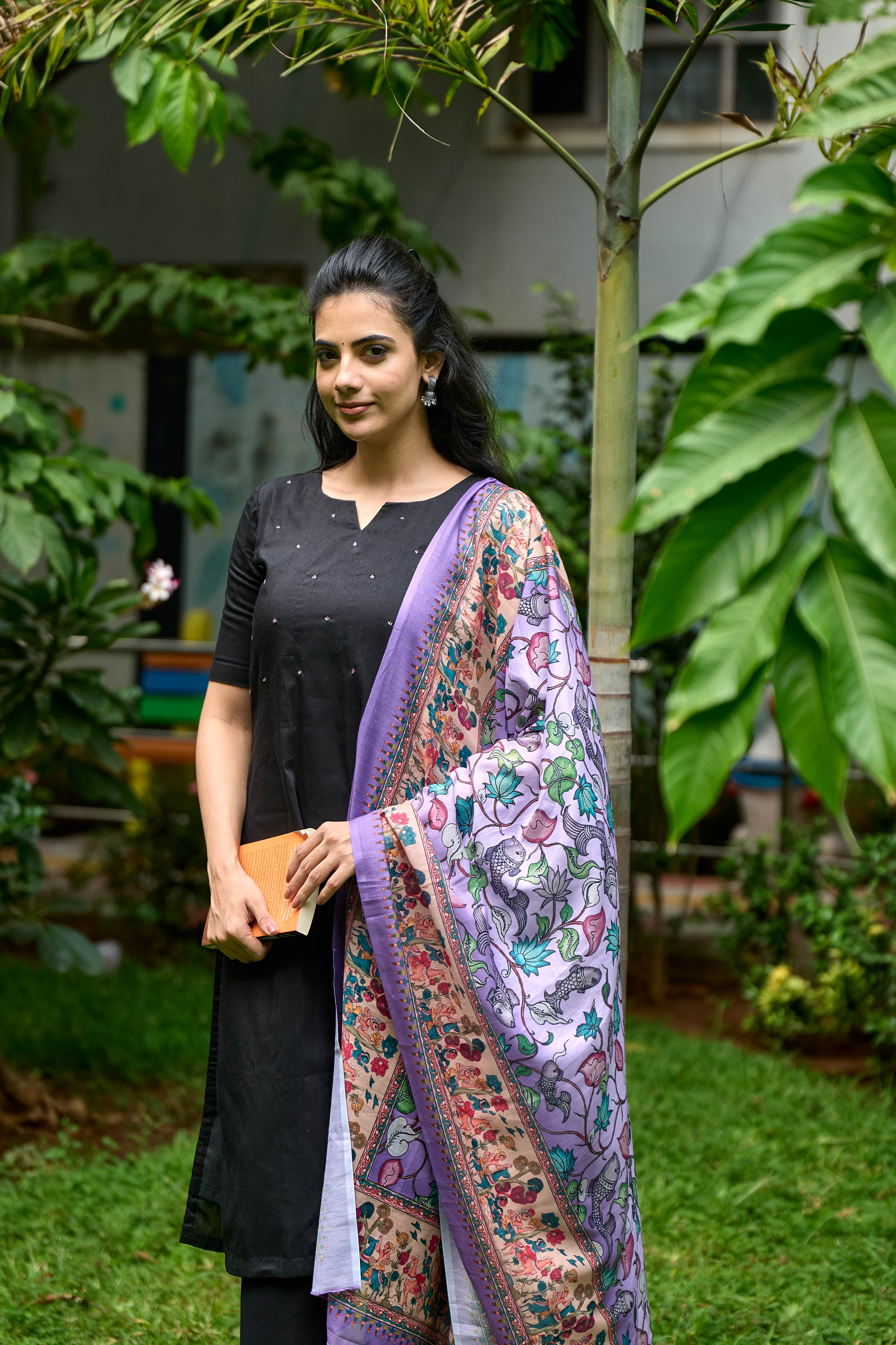 Black Cotton Kurti with Pure Mul Printed Dupatta