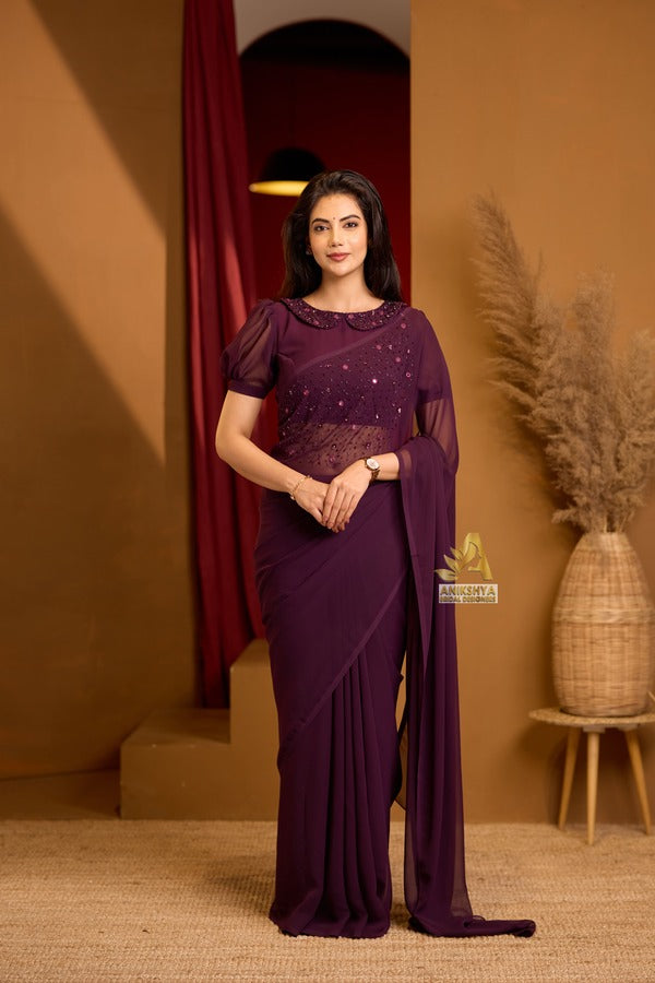 Burgundy Wine Handwork Georgette saree