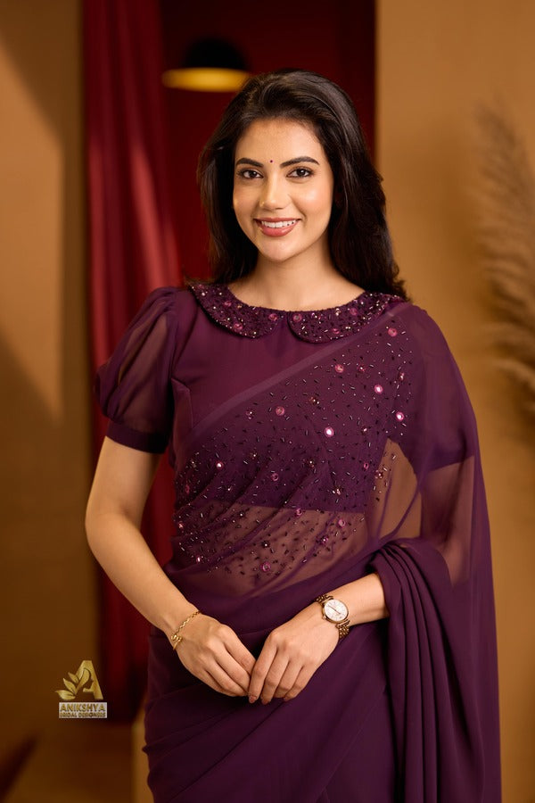 Burgundy Wine Handwork Georgette saree