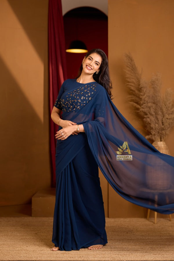 Mayuri Teal Blue Handwork Georgette saree